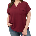 Plus Burgundy Split Neck Back Button Short Fold Sleeve Top