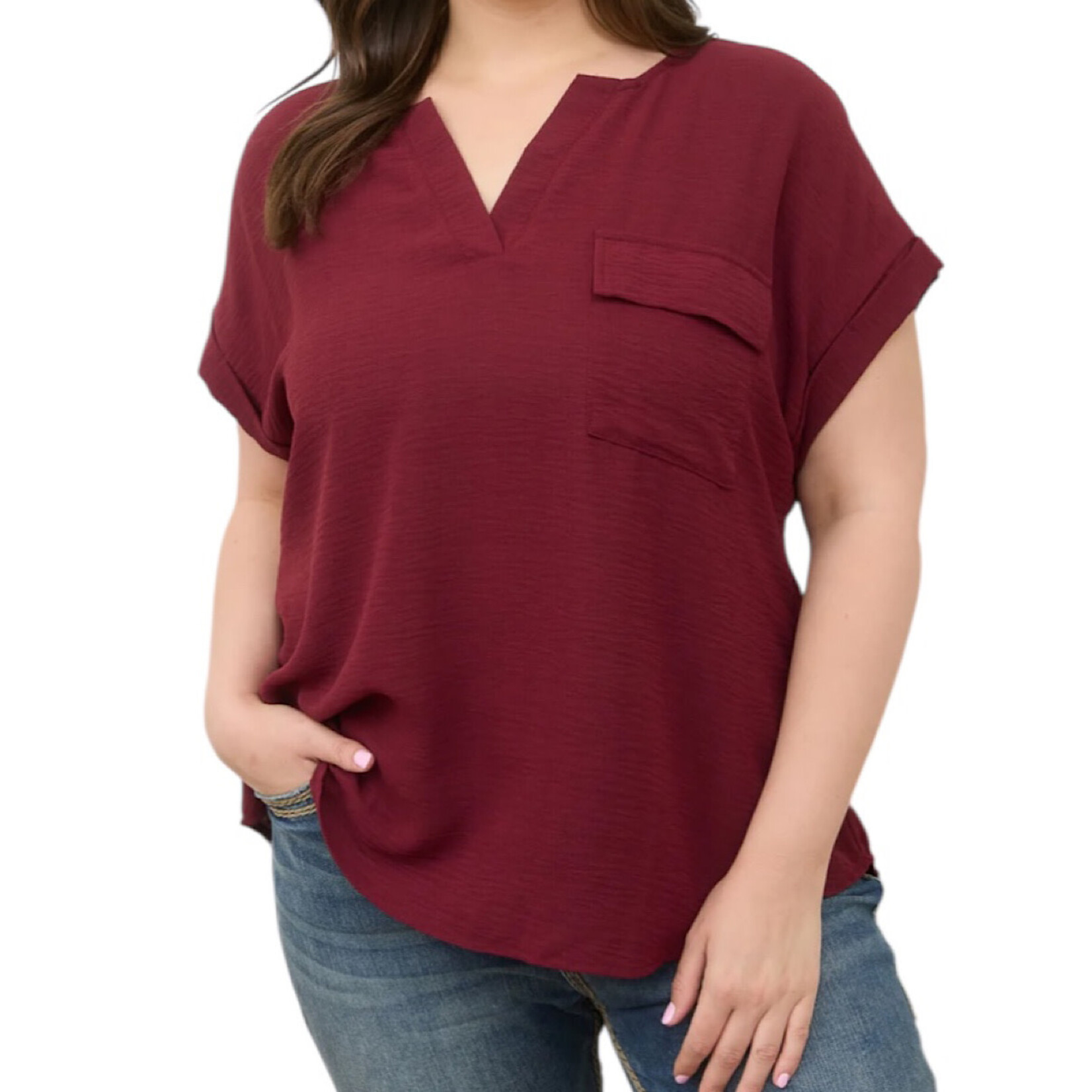 Plus Burgundy Split Neck Back Button Short Fold Sleeve Top