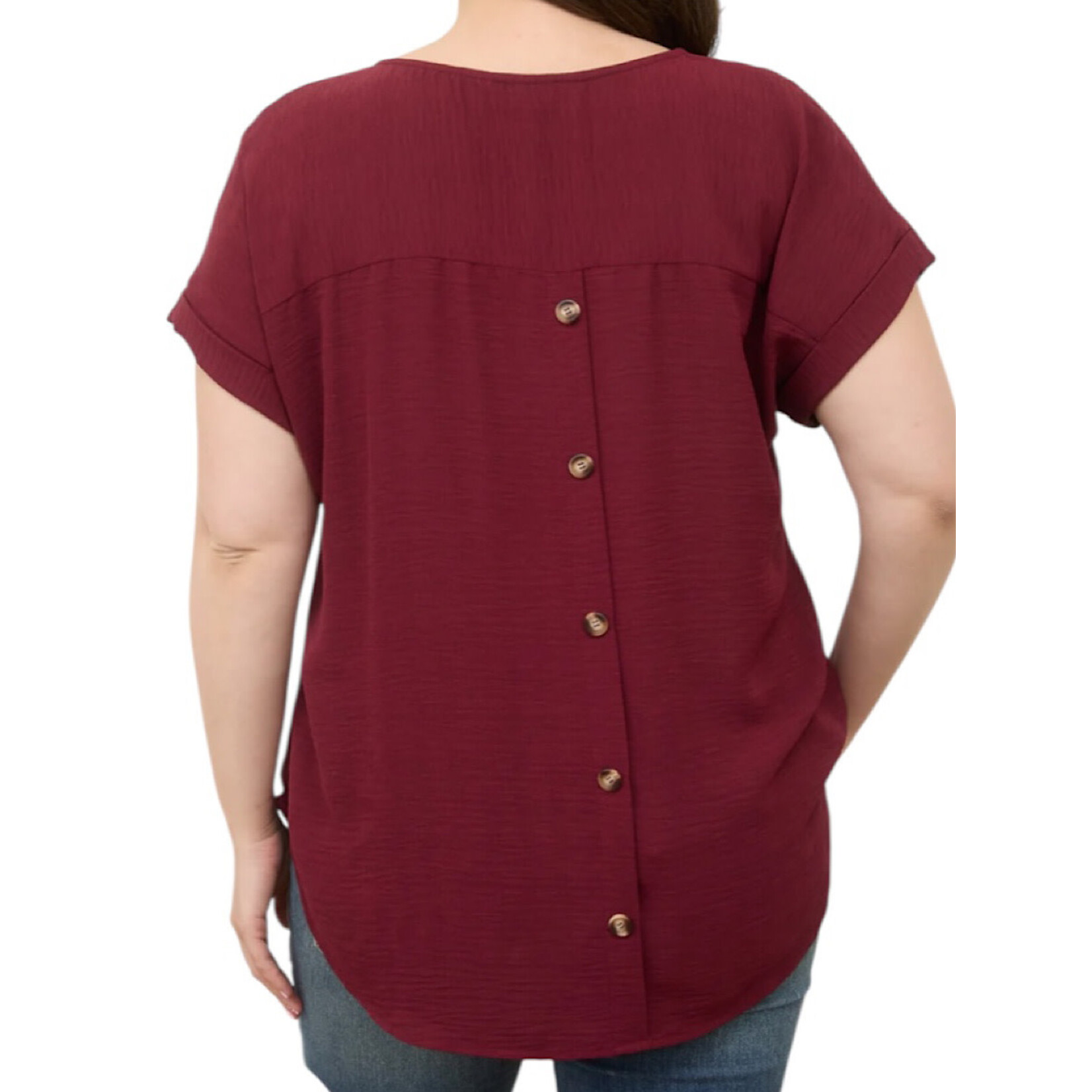 Plus Burgundy Split Neck Back Button Short Fold Sleeve Top