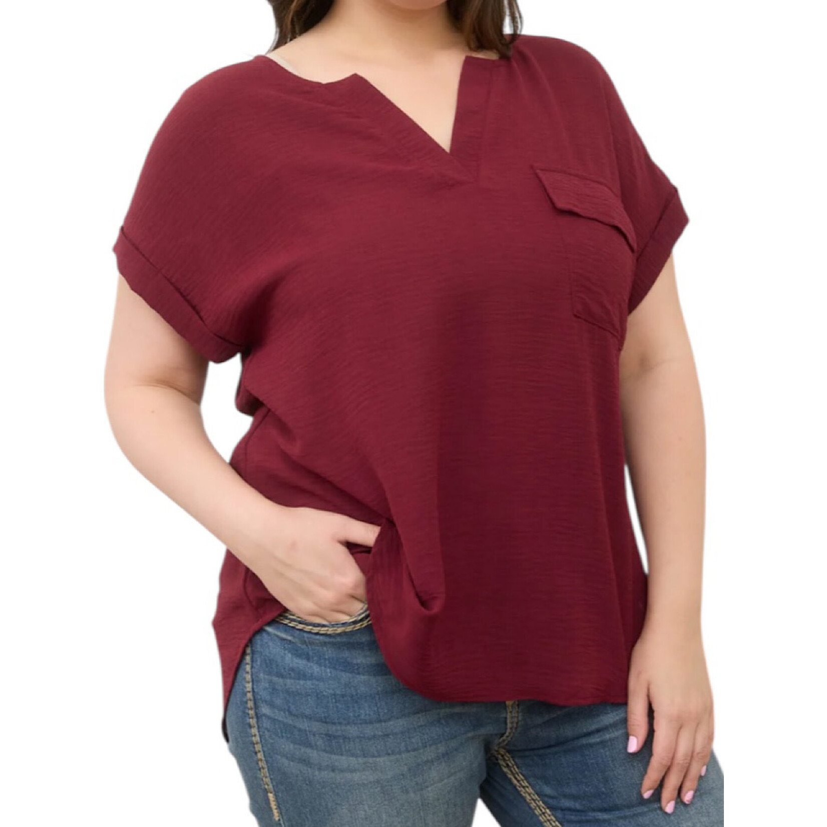 Plus Burgundy Split Neck Back Button Short Fold Sleeve Top