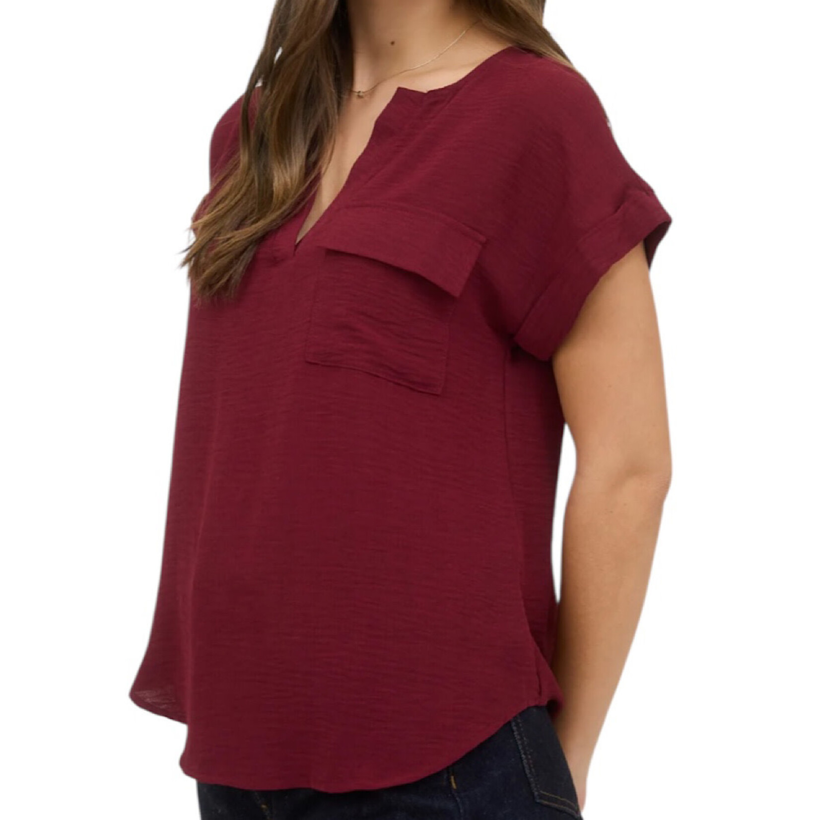 Burgundy Split Neck Back Button Short Fold Sleeve Blouse