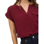 Burgundy Split Neck Back Button Short Fold Sleeve Blouse