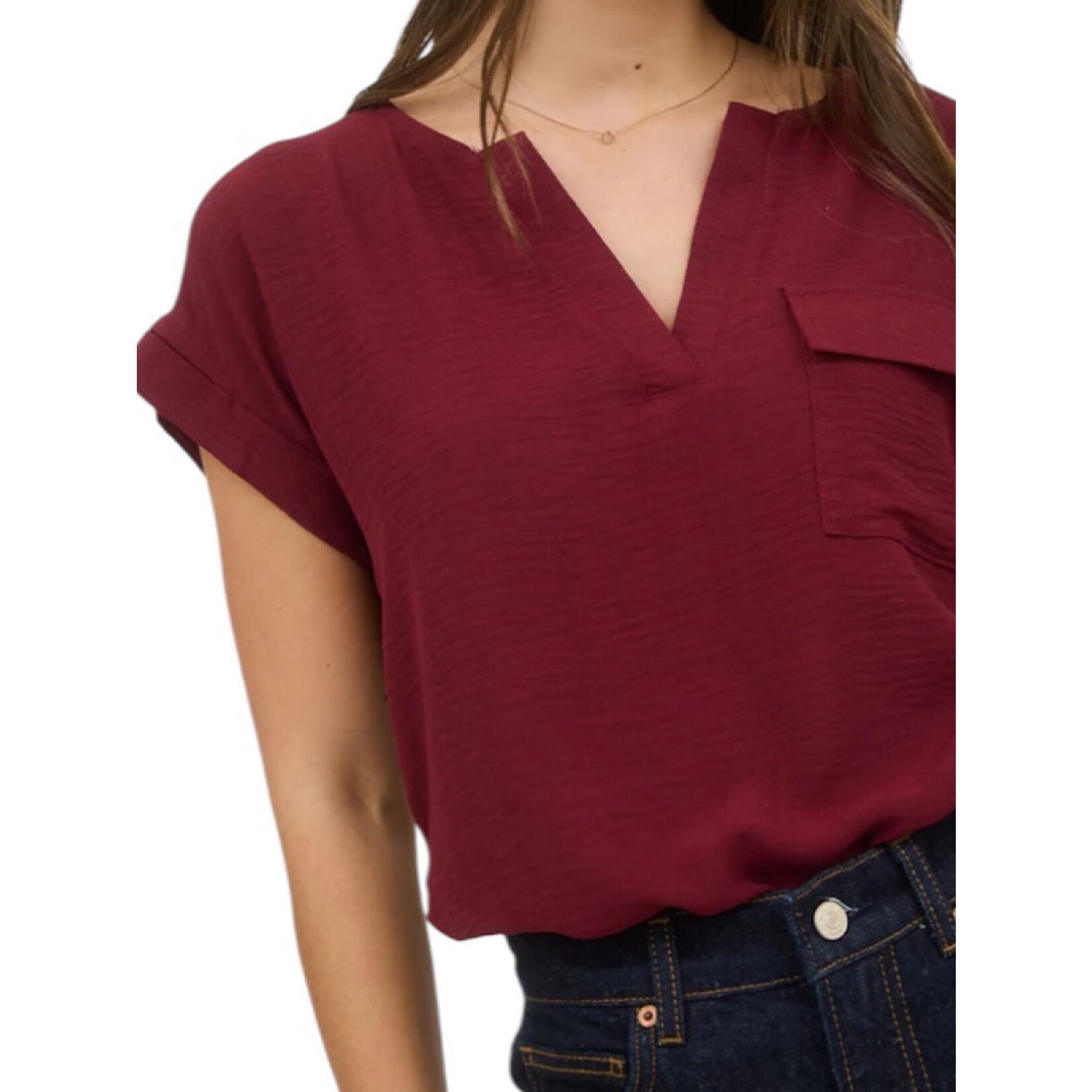 Burgundy Split Neck Back Button Short Fold Sleeve Blouse