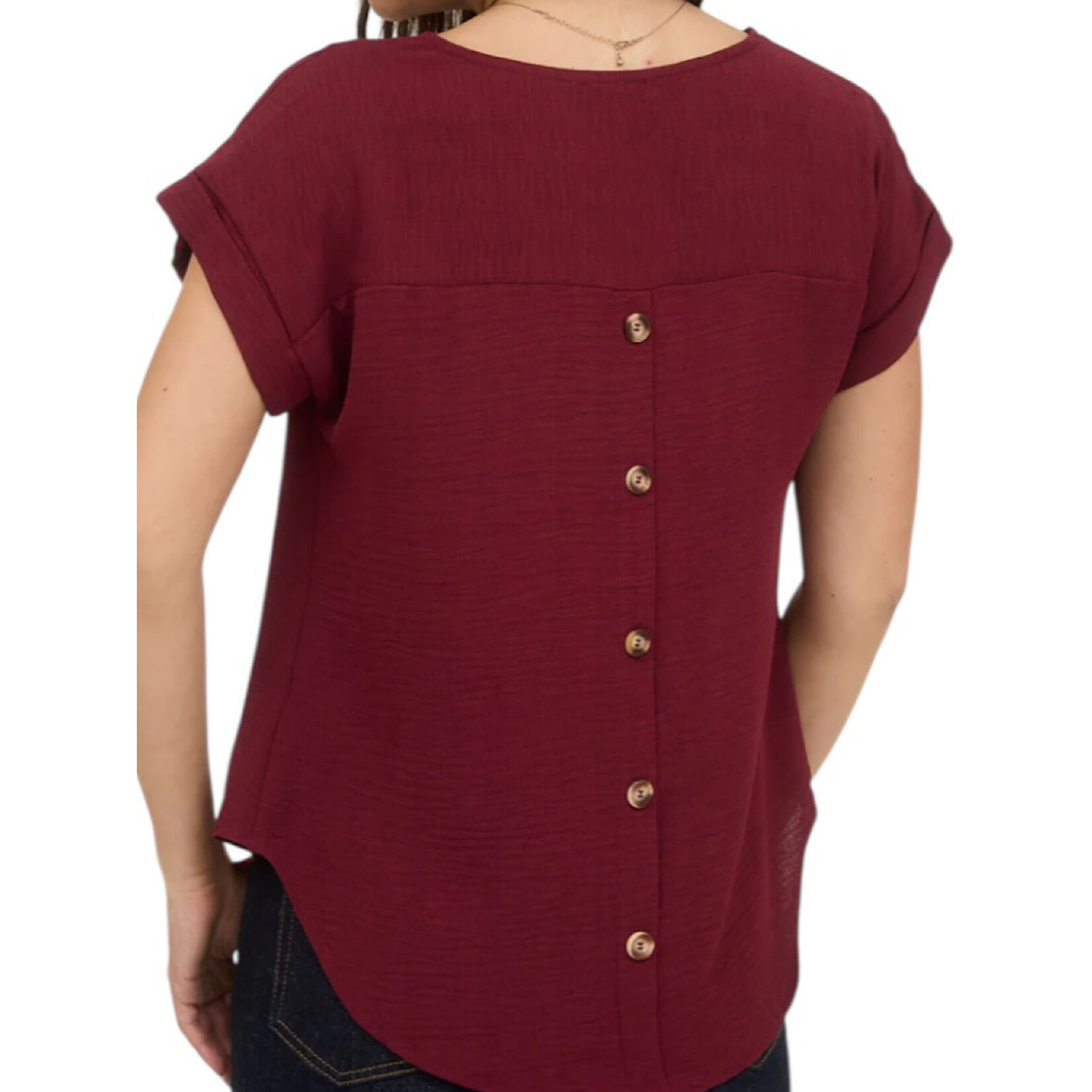 Burgundy Split Neck Back Button Short Fold Sleeve Blouse