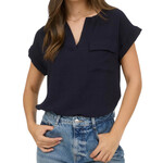 Navy Split Neck Back Button Short Fold Sleeve Blouse