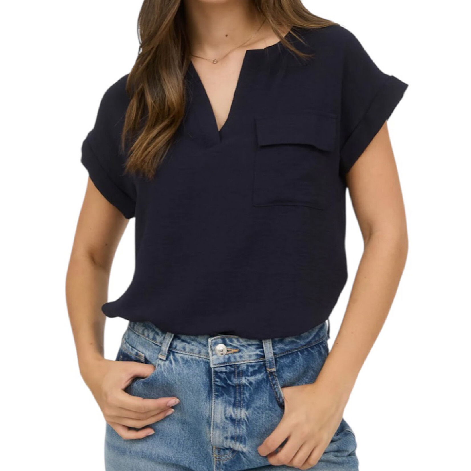 Navy Split Neck Back Button Short Fold Sleeve Blouse