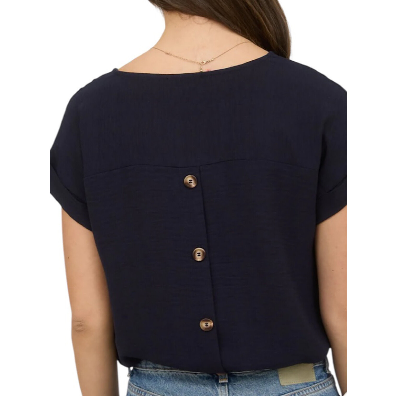 Navy Split Neck Back Button Short Fold Sleeve Blouse
