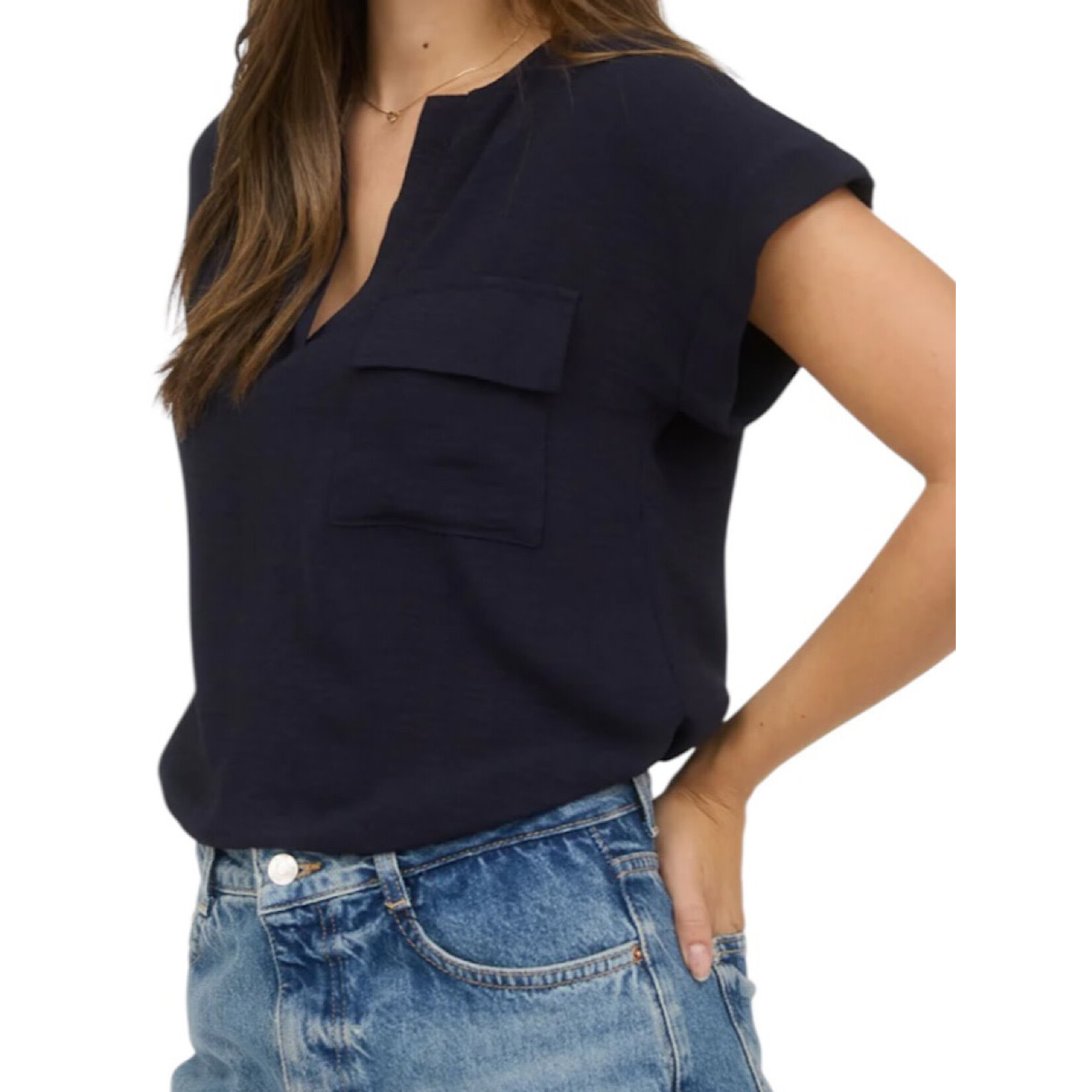 Navy Split Neck Back Button Short Fold Sleeve Blouse