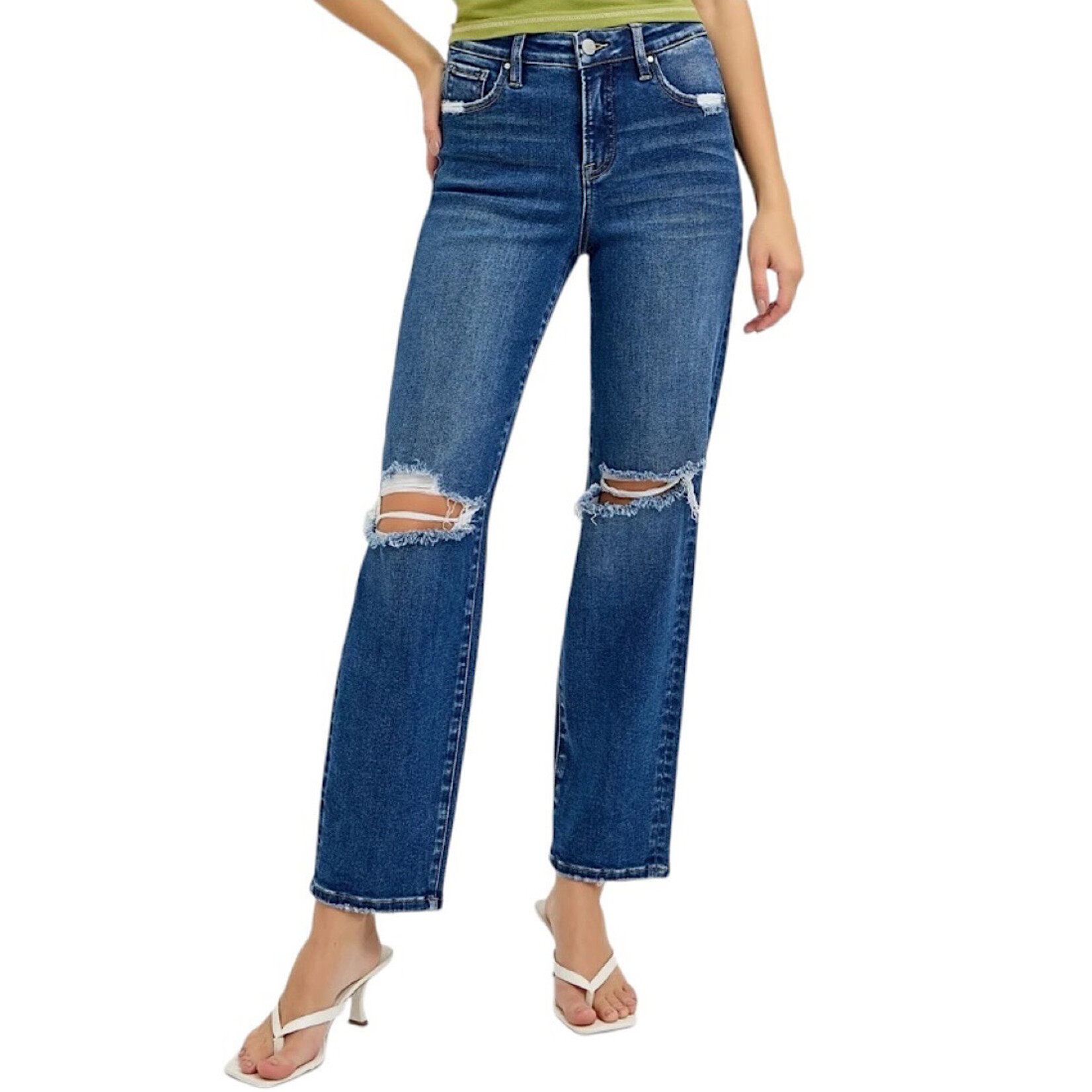 RISEN PGA21029 DK Tummy Control H/R Crop Girlfriend Jeans
