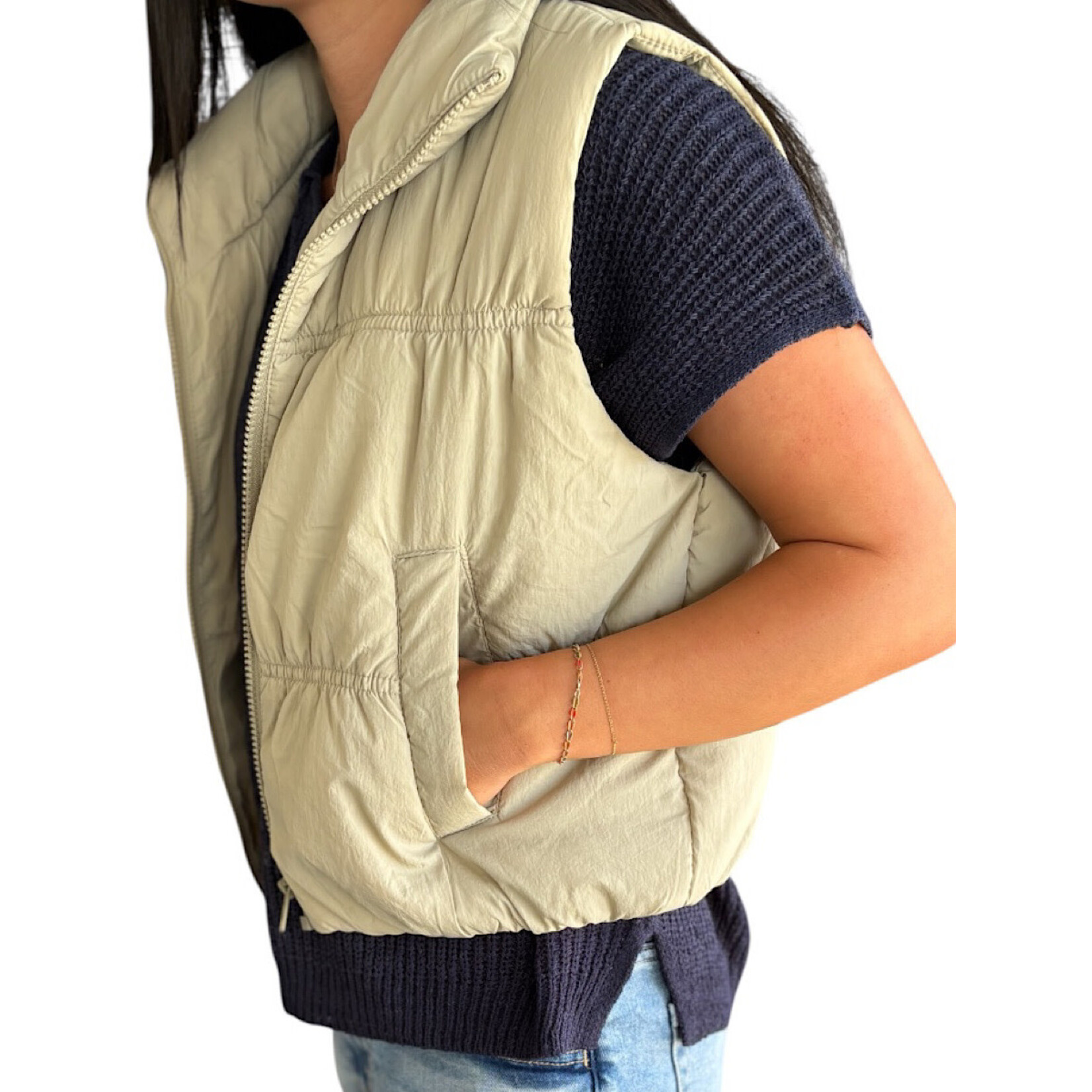 Cement Collared Zip Up Cropped Puffer Vest