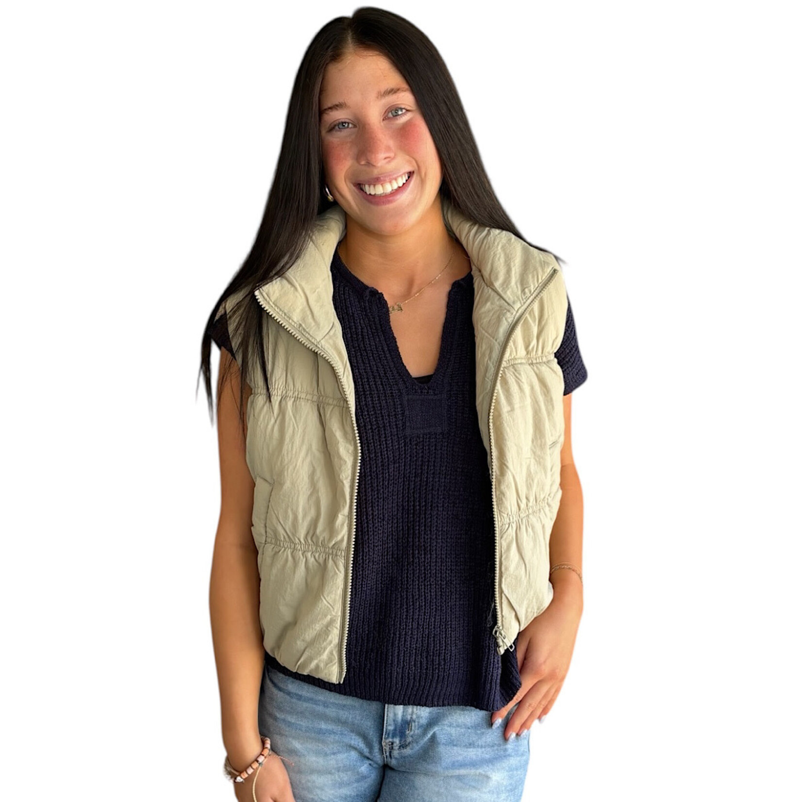 Cement Collared Zip Up Cropped Puffer Vest