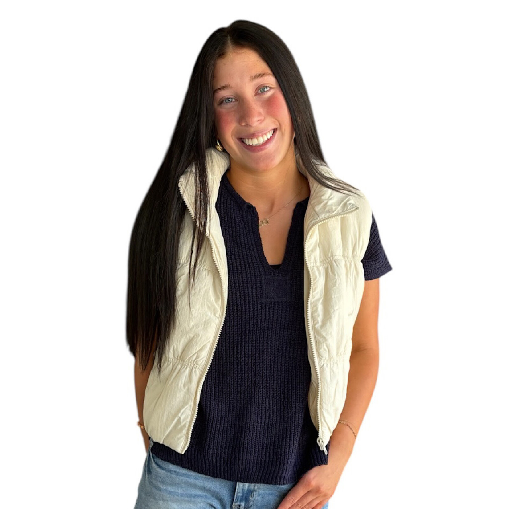 Ivory Collared Zip Up Cropped Puffer Vest