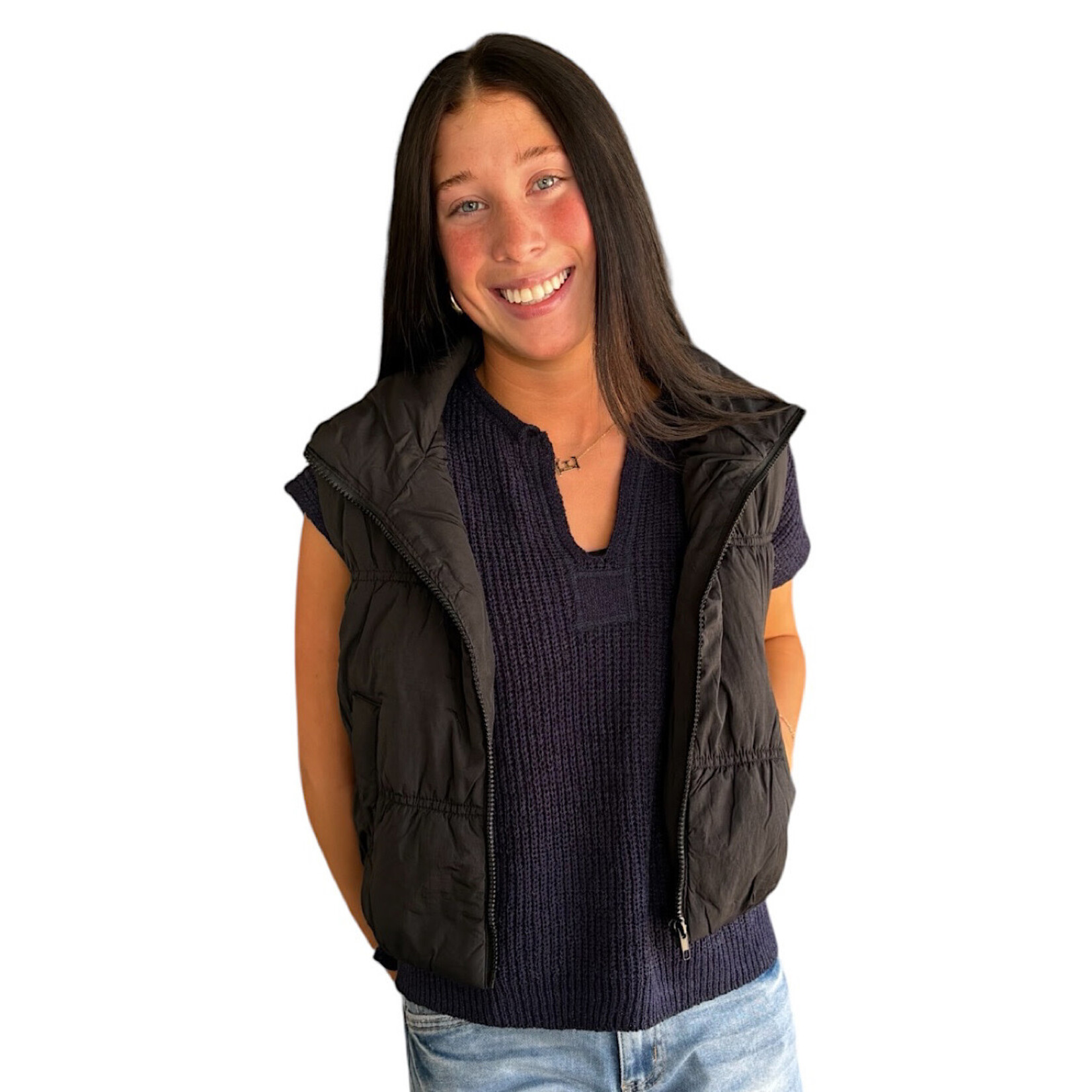 Black Collared Zip Up Cropped Puffer Vest