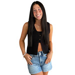 Black V Neck Front Button Crochet Knit Vest