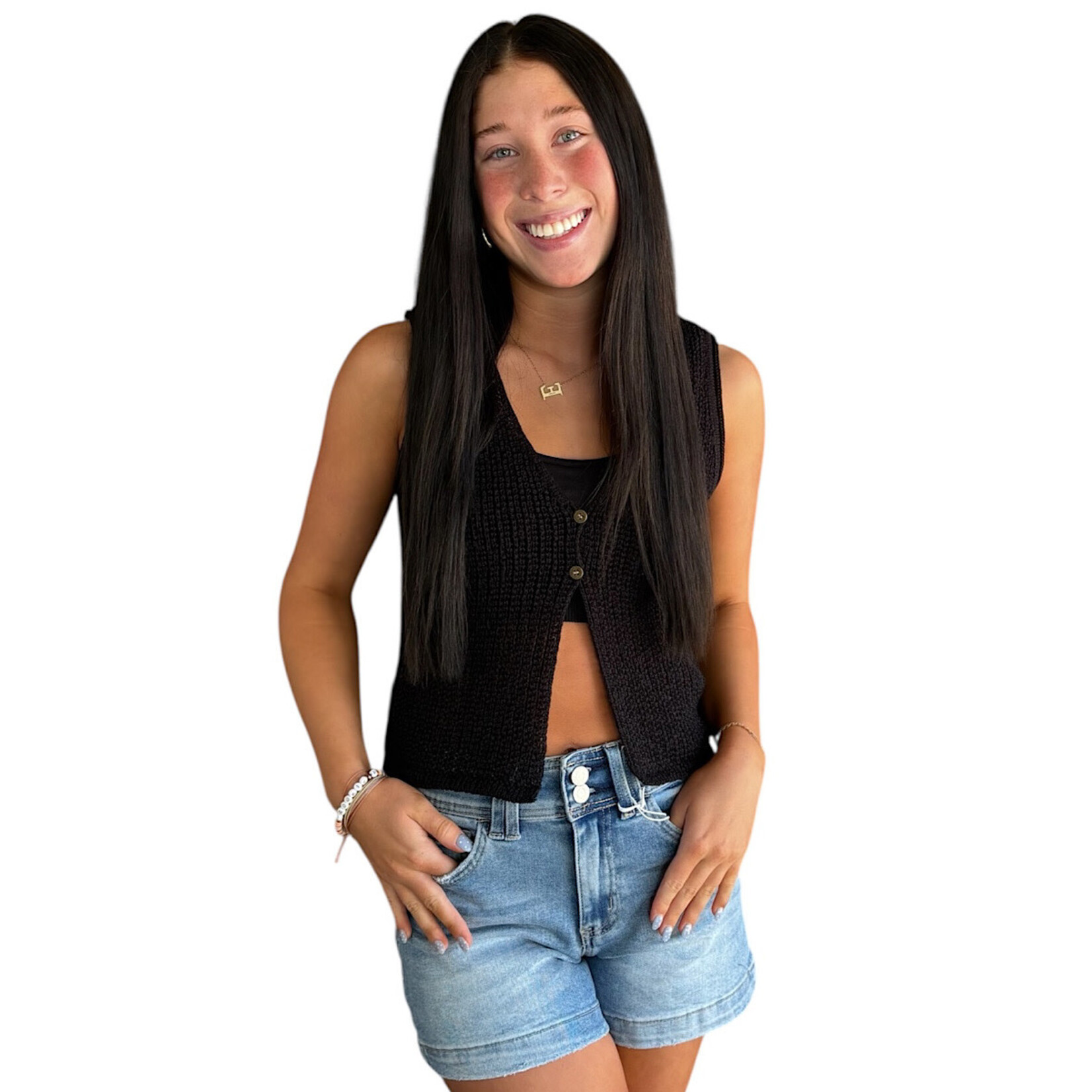 Black V Neck Front Button Crochet Knit Vest