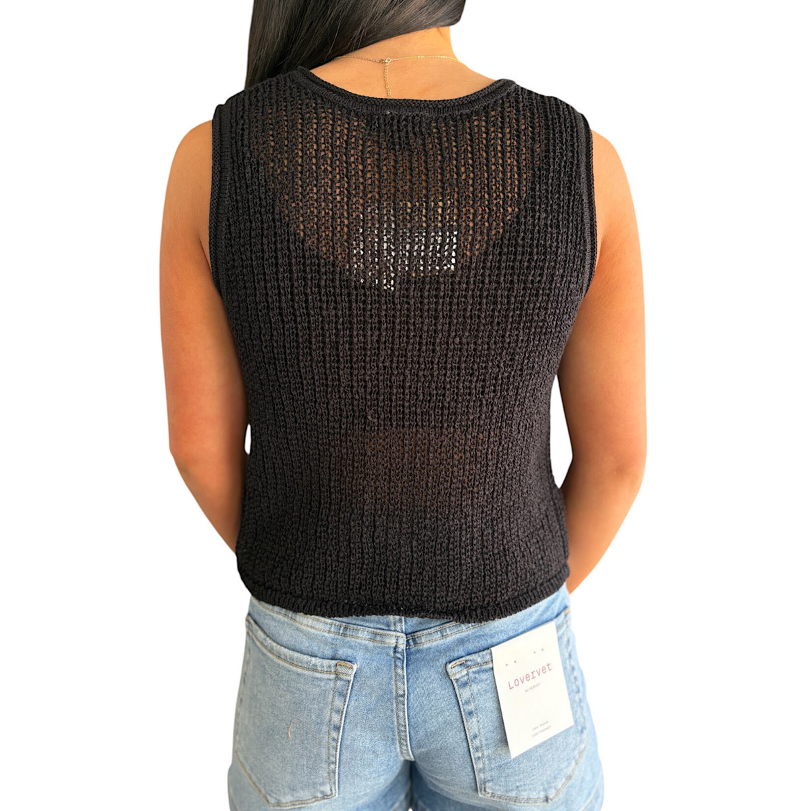 Black V Neck Front Button Crochet Knit Vest