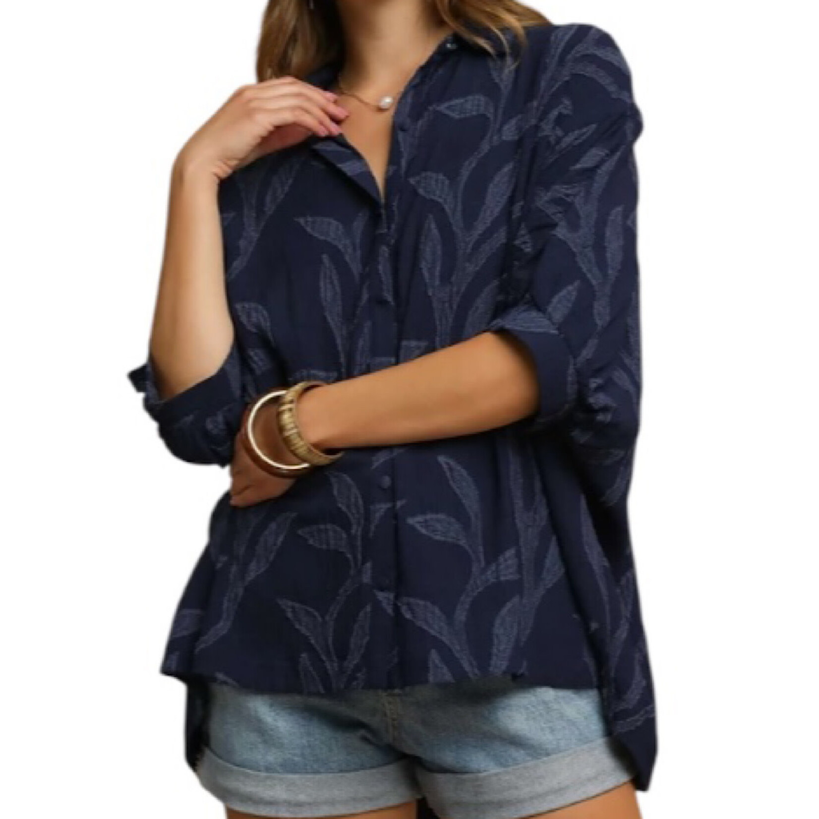 Navy Jacquard Textured Leaf Print Button Down Blouse
