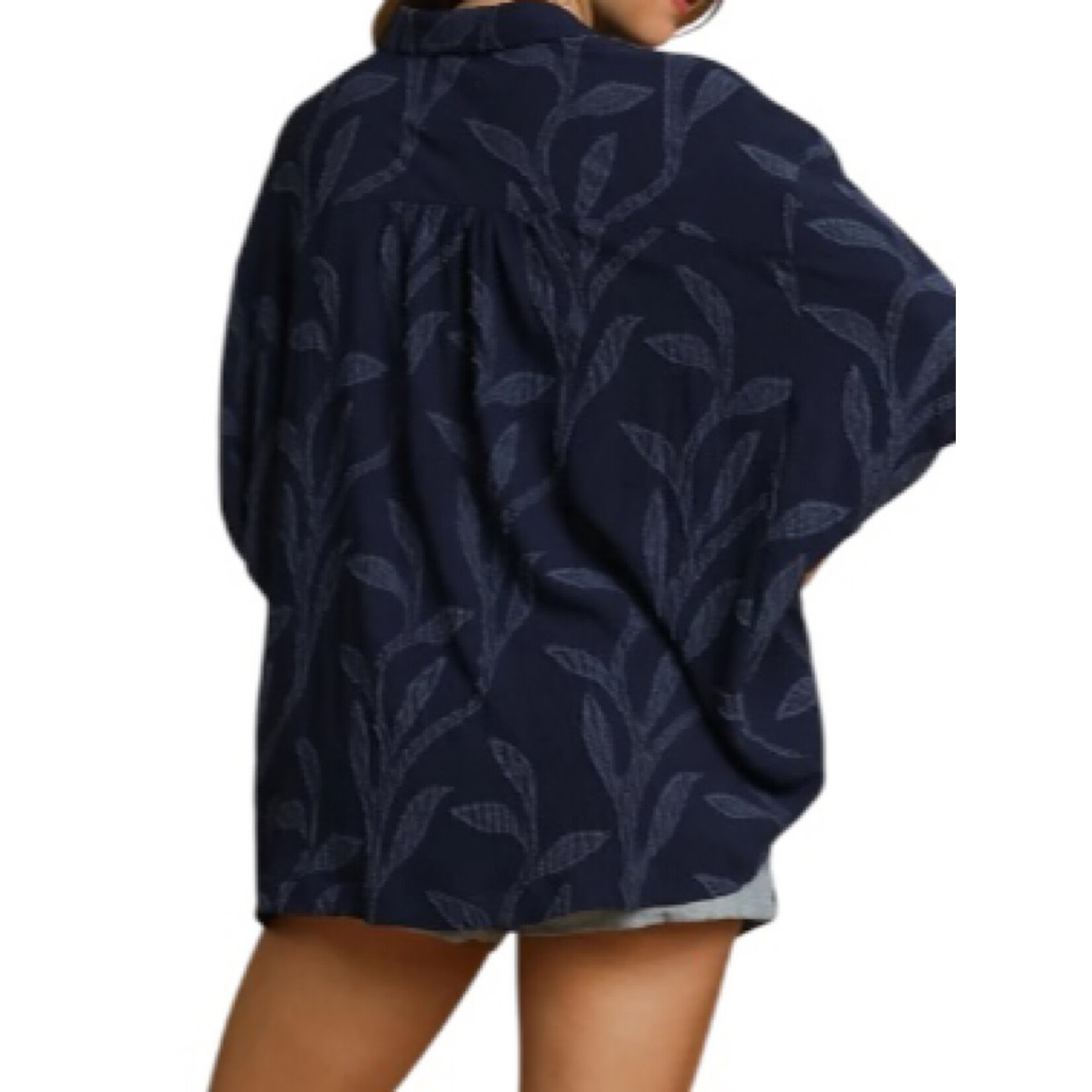 Navy Jacquard Textured Leaf Print Button Down Blouse