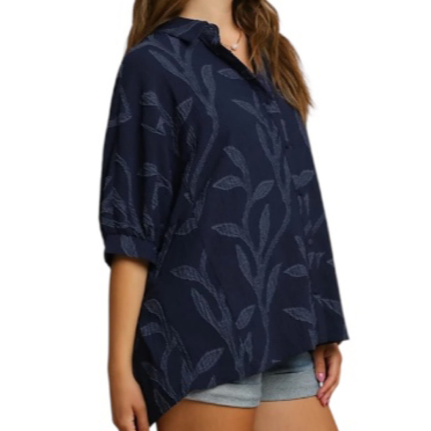 Navy Jacquard Textured Leaf Print Button Down Blouse
