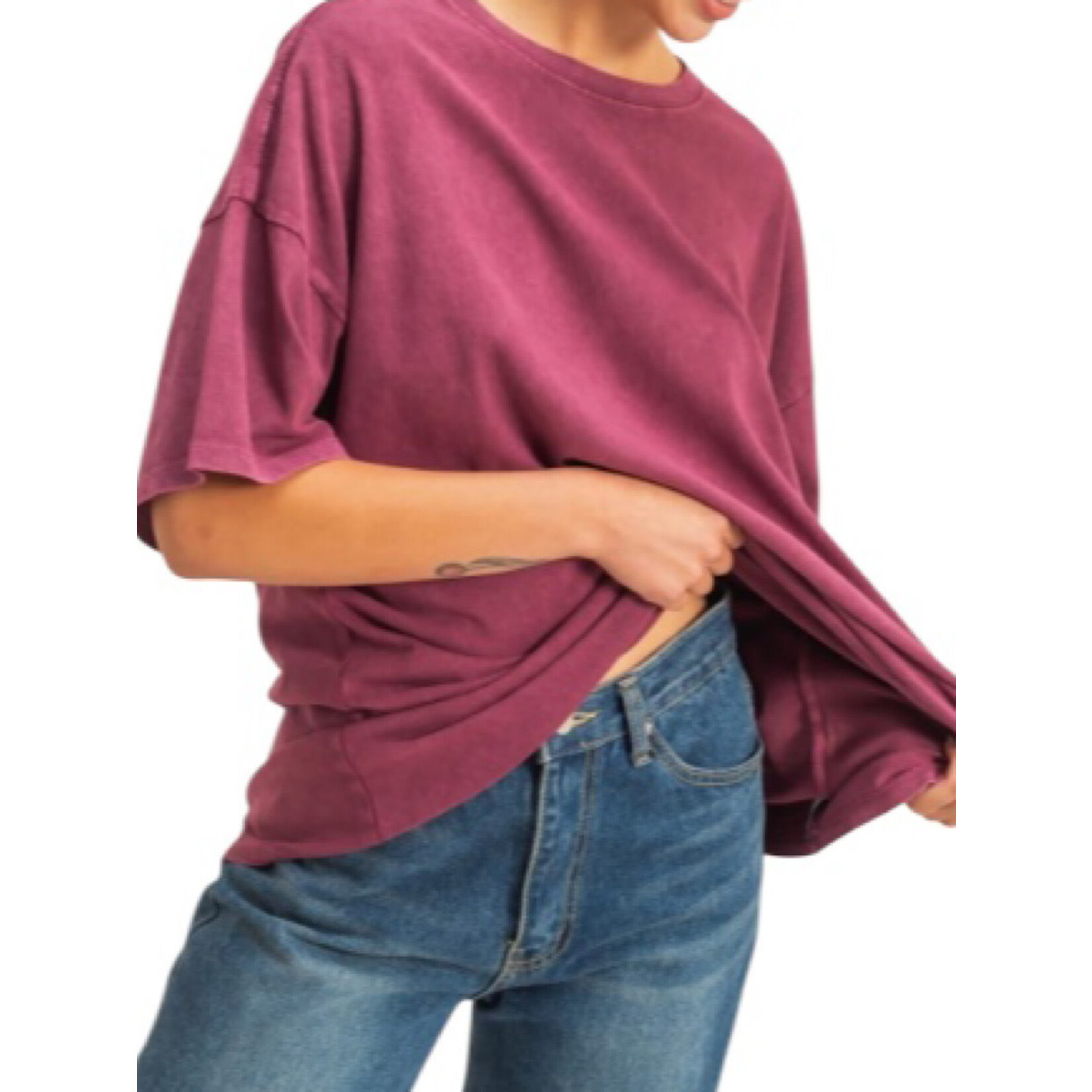 Dark Cherry Mineral Washed Oversized Crew Neck Tee