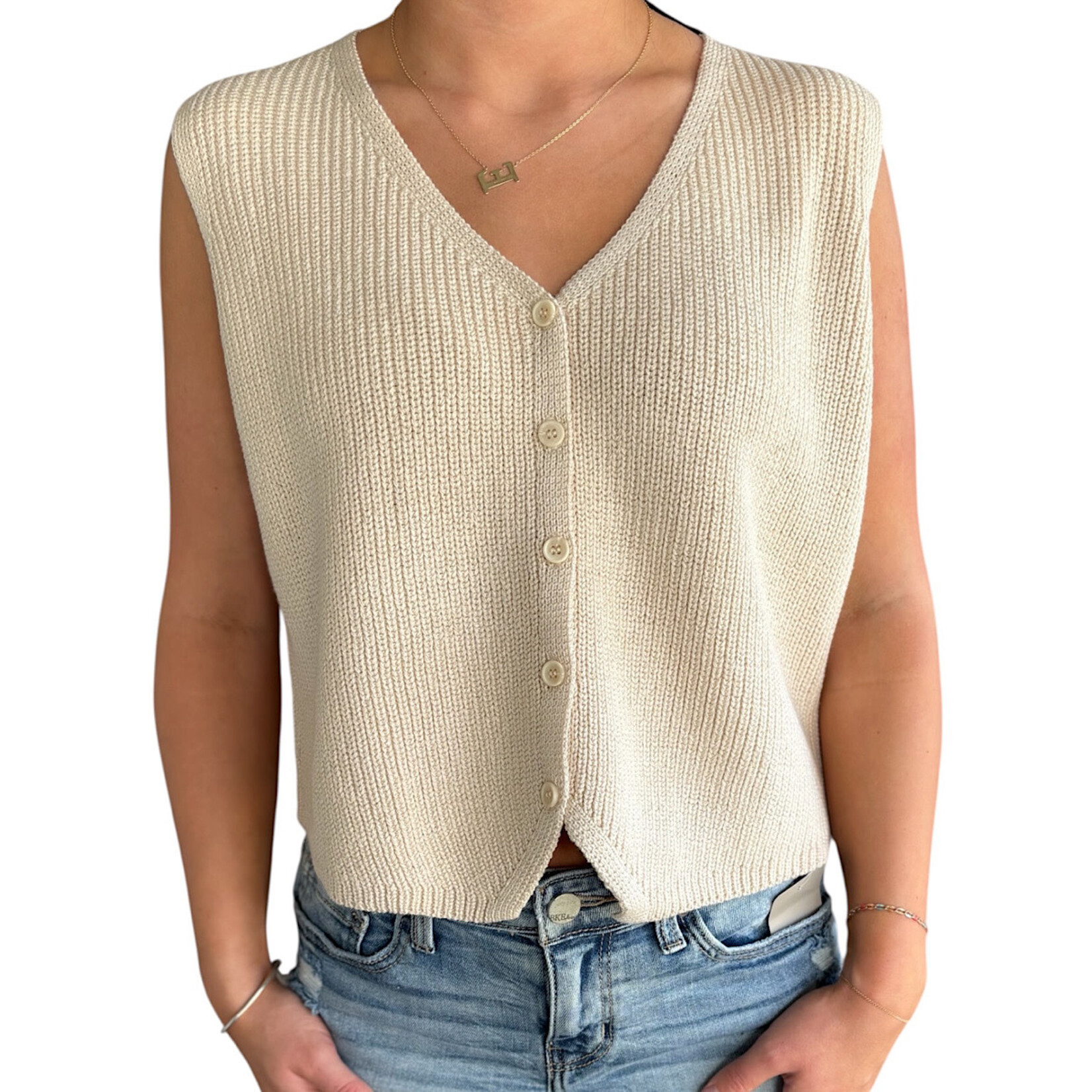 Beige V-Neck Sleeveless Buttoned Sweater Vest