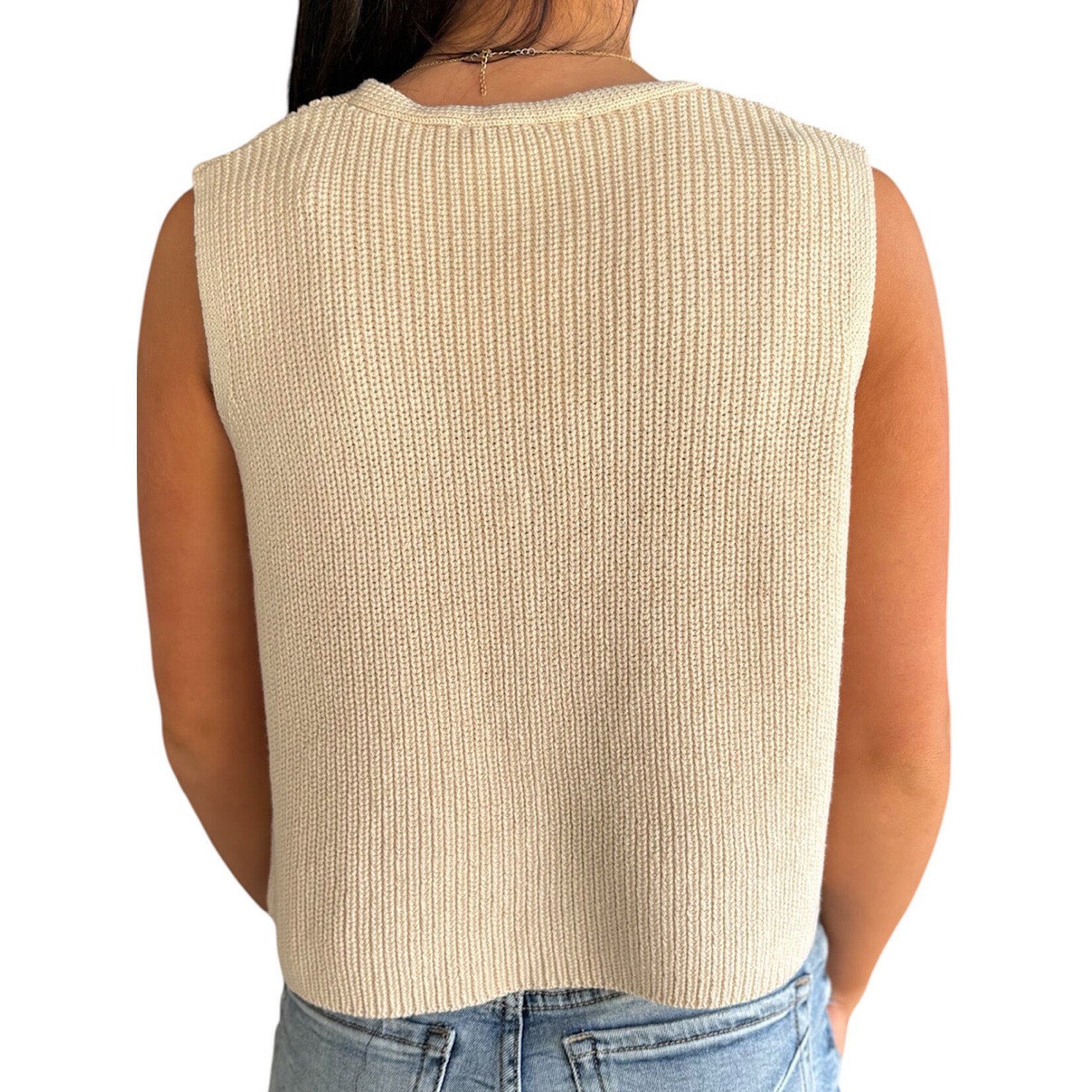 Beige V-Neck Sleeveless Buttoned Sweater Vest