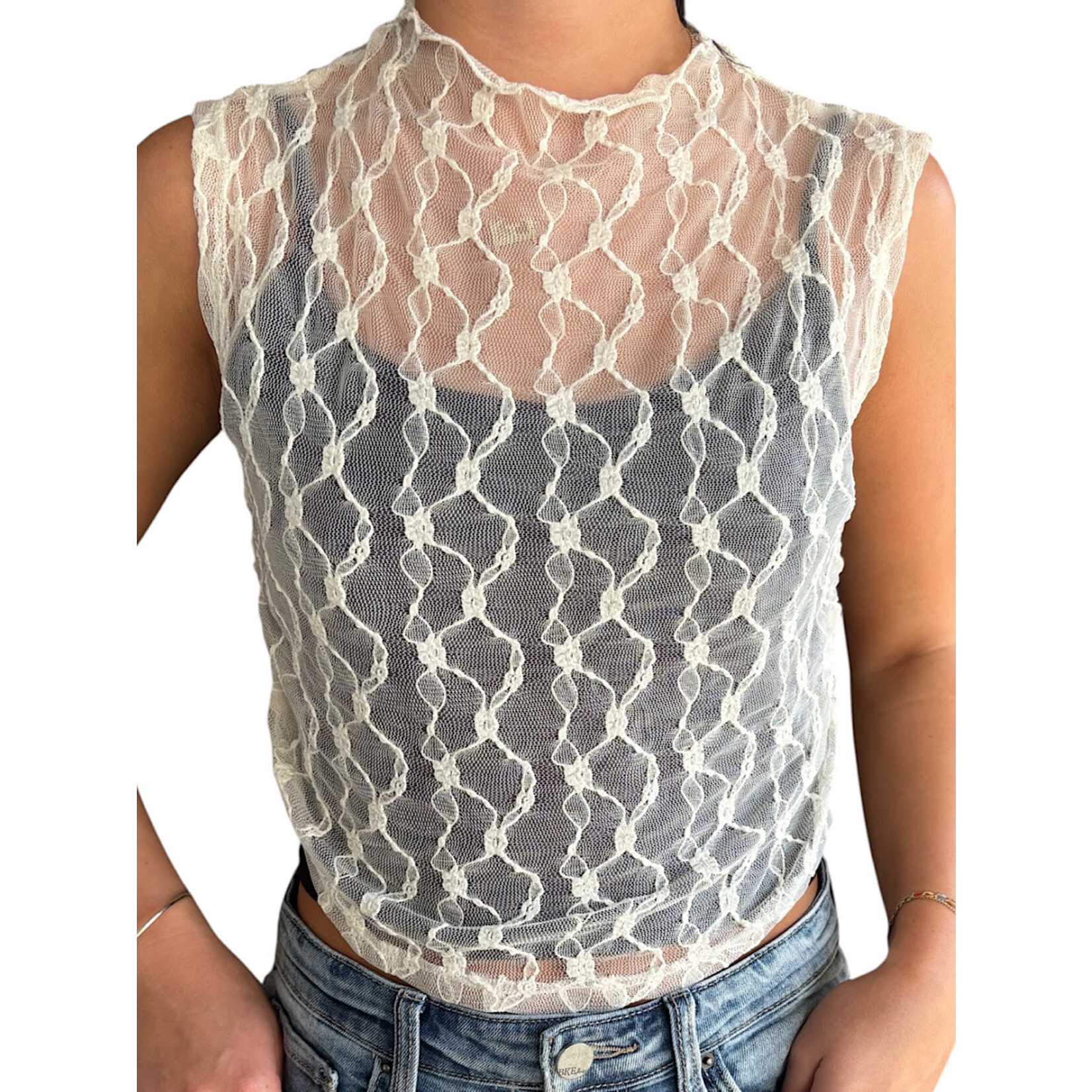 Ivory Sleeveless Sheer Lace Top
