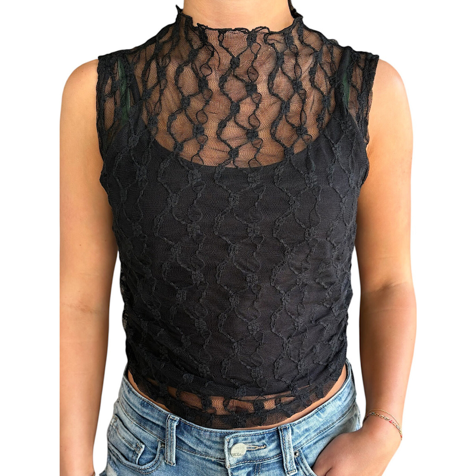 Black Sleeveless Sheer Lace Top