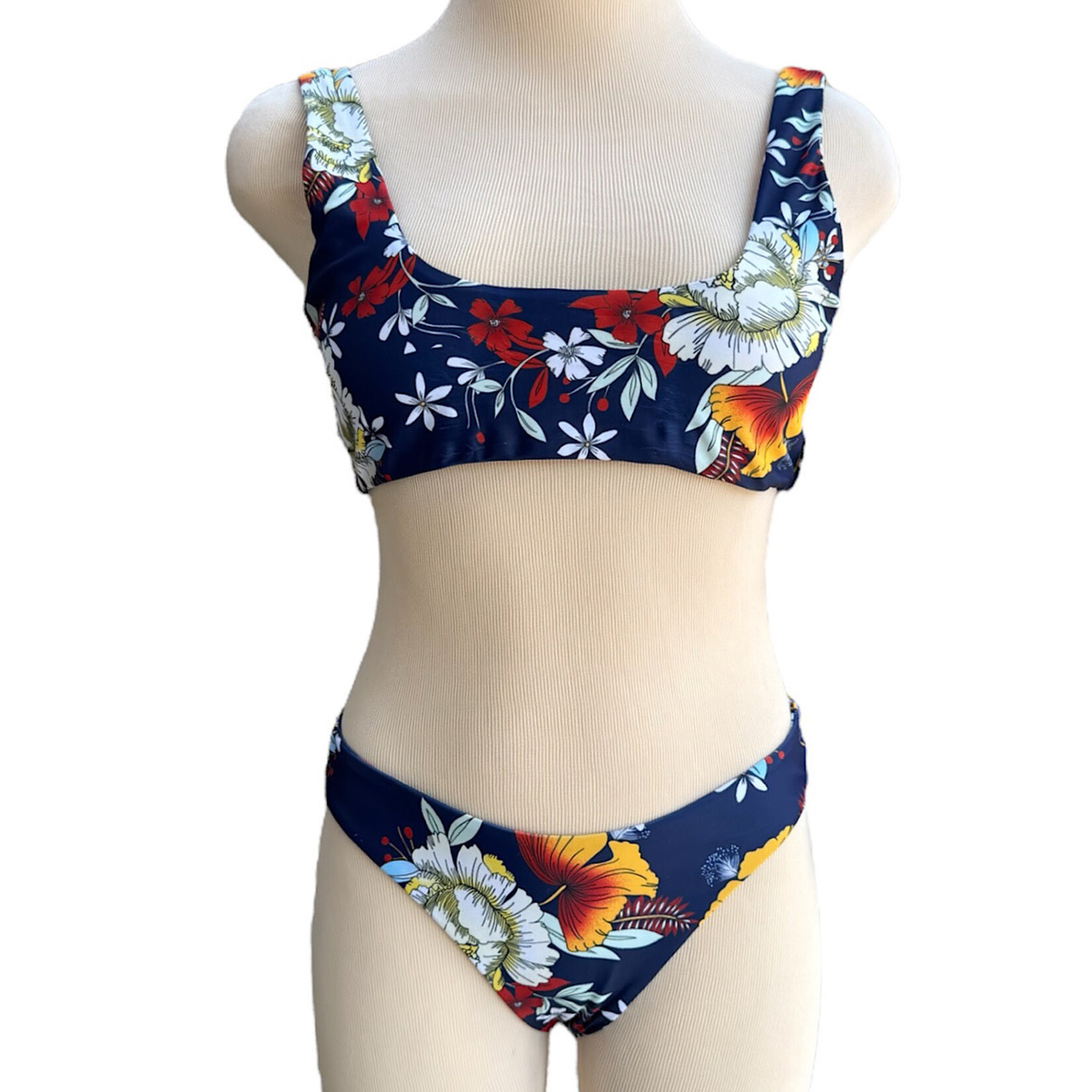 Zaful Navy Floral Two-Piece Bikini Set Size M-RF