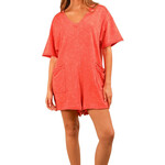 Mineral Washed Oversized Casual Knit Romper-Coral