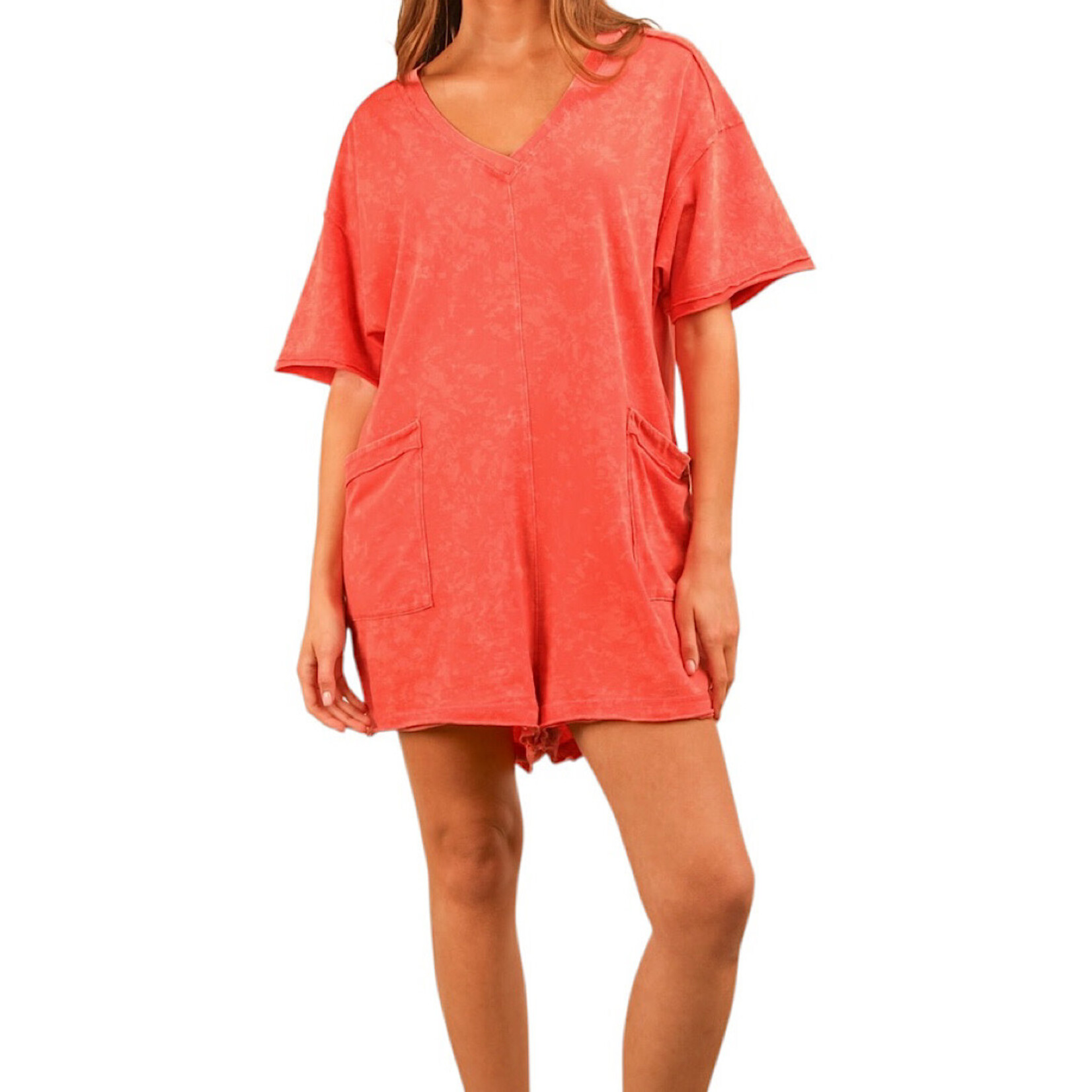 Mineral Washed Oversized Casual Knit Romper-Coral