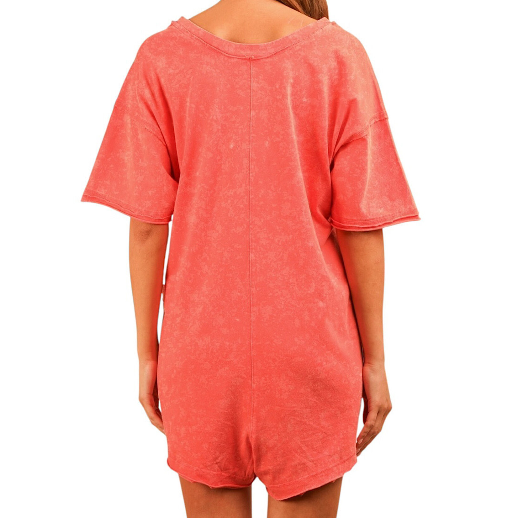 Mineral Washed Oversized Casual Knit Romper-Coral