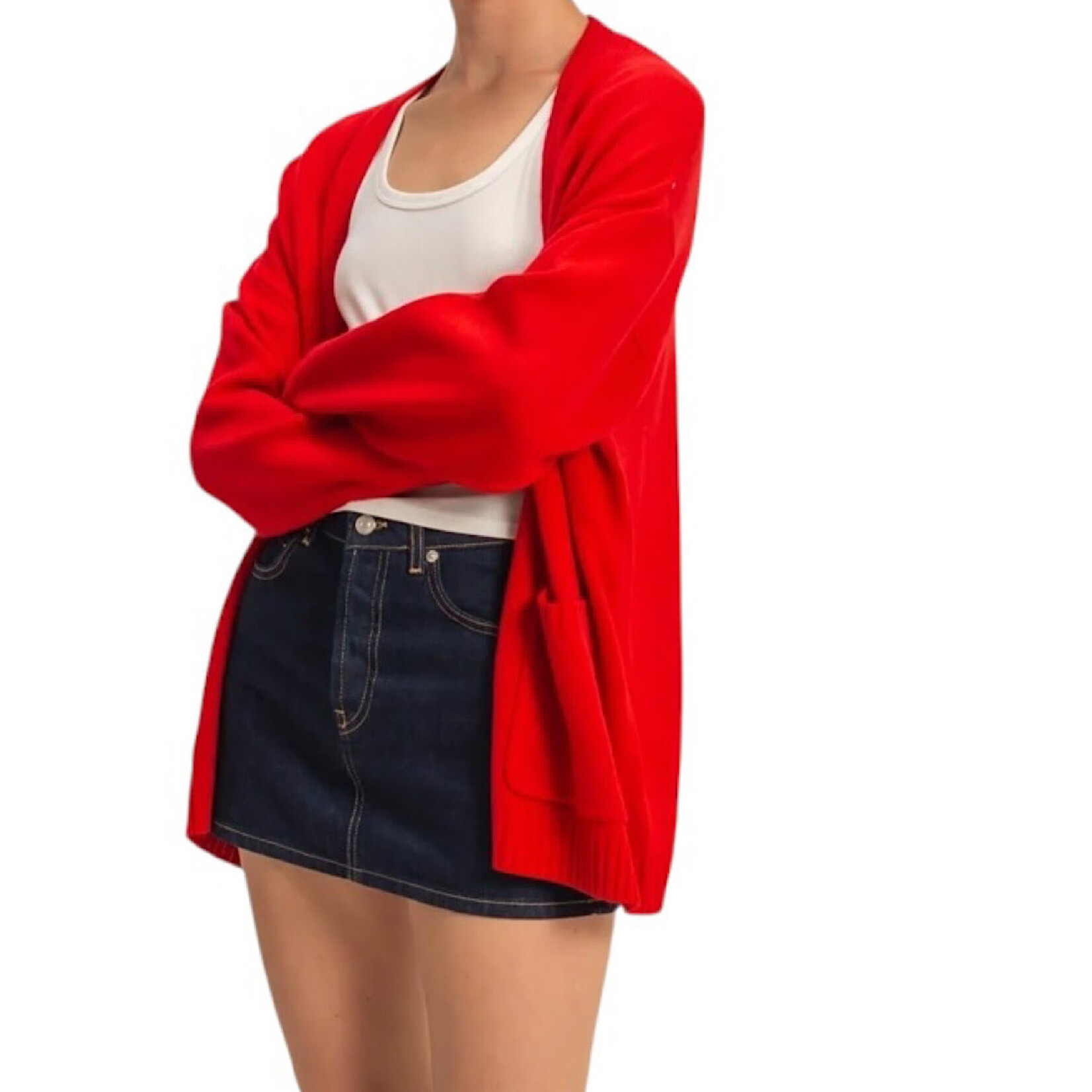 Red Oversized Open Front Cardigan Sweater With Pockets