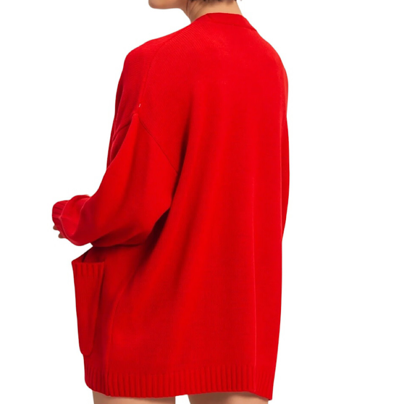Red Oversized Open Front Cardigan Sweater With Pockets
