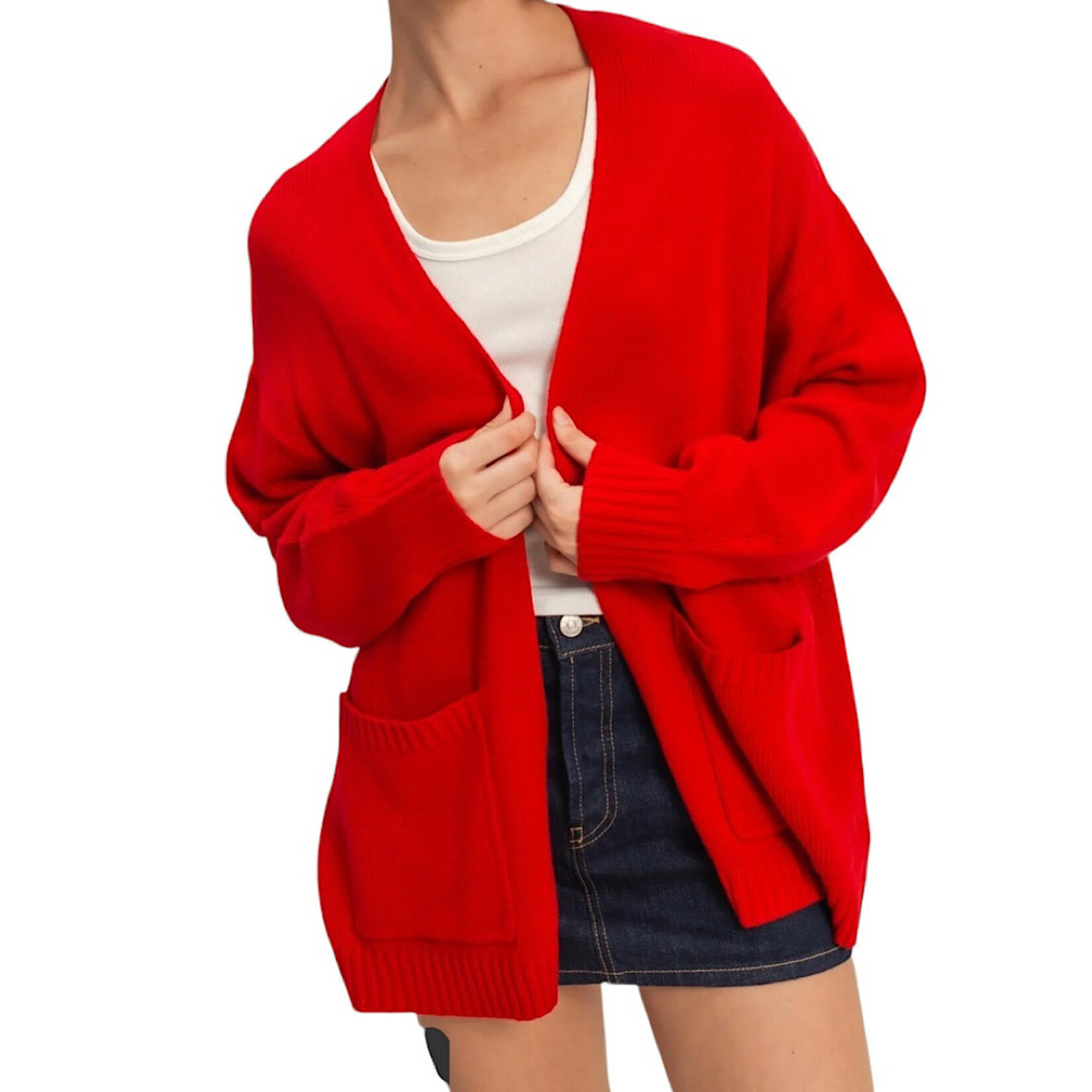Red Oversized Open Front Cardigan Sweater With Pockets