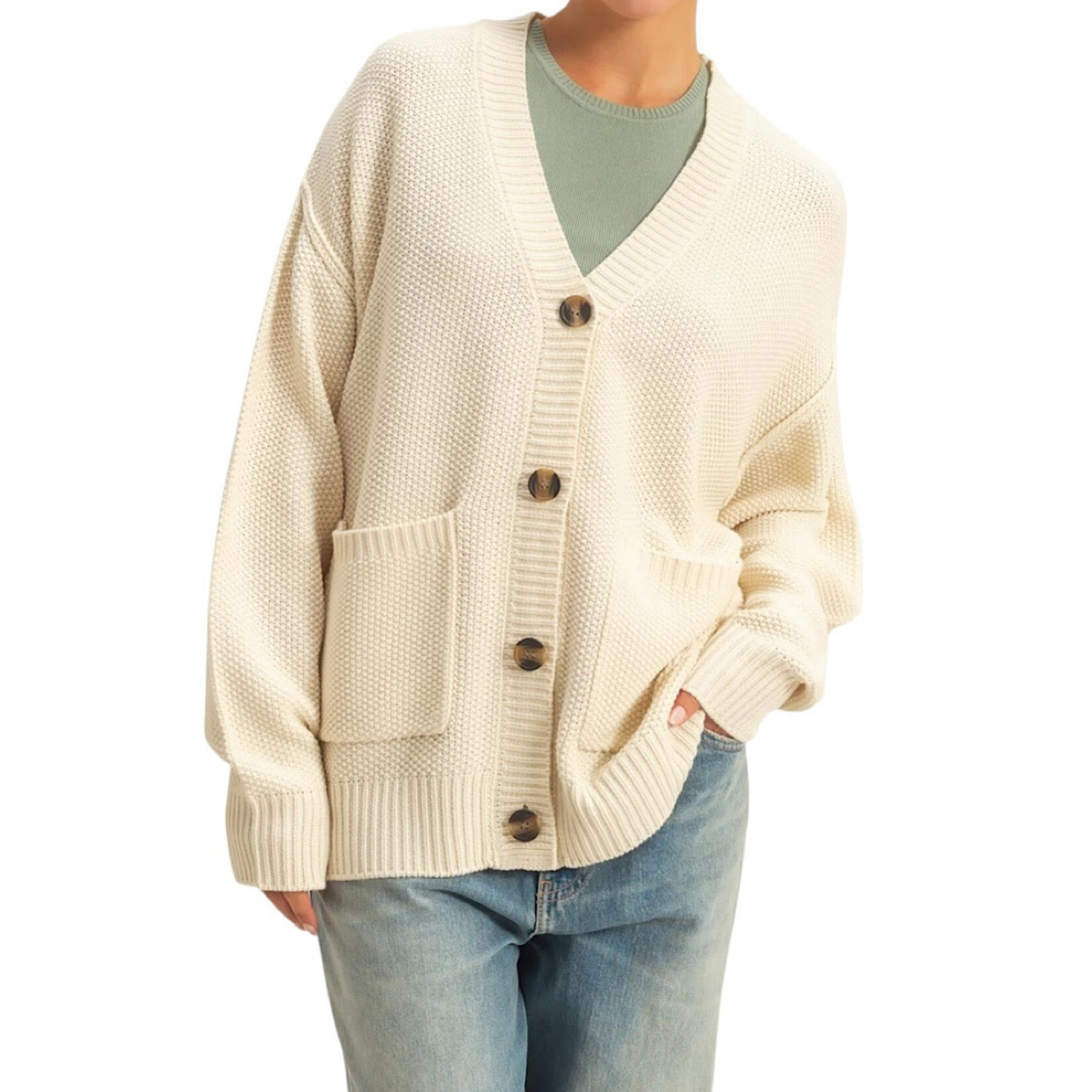 Cream Button Front Oversized Cardigan