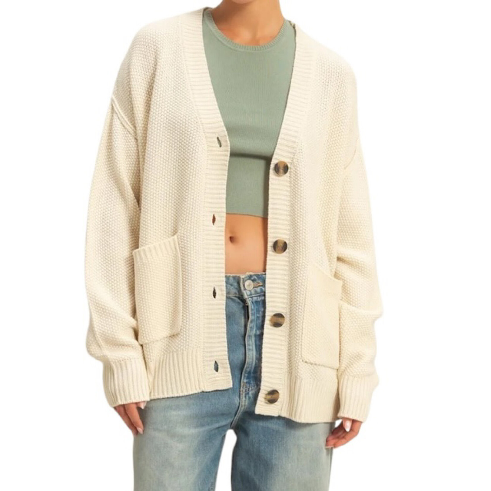 Cream Button Front Oversized Cardigan