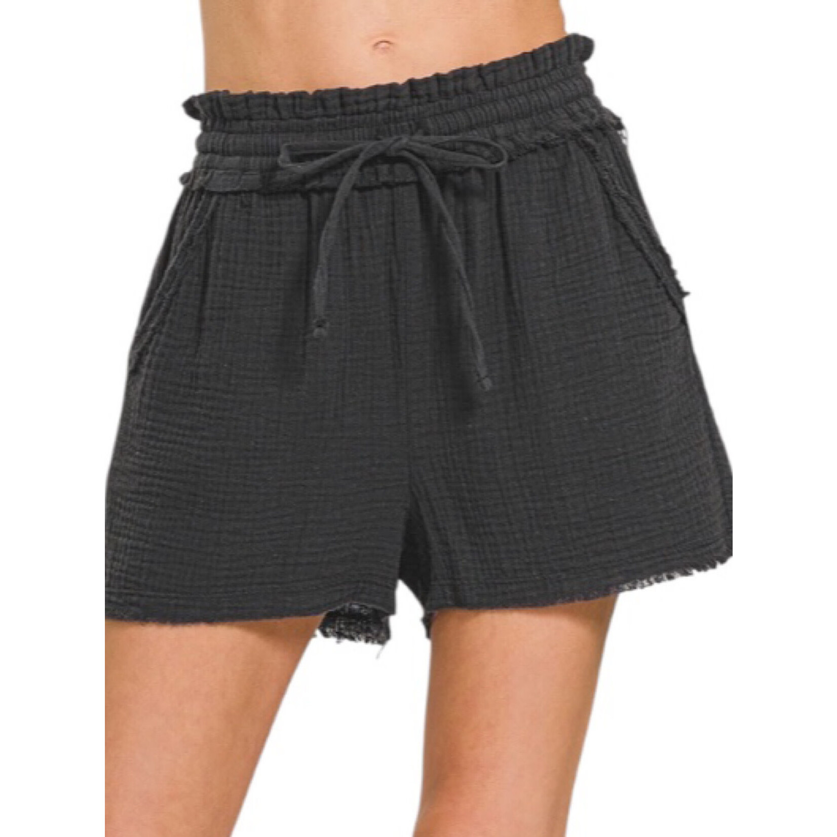 Black Double Gauze Drawstring Shorts
