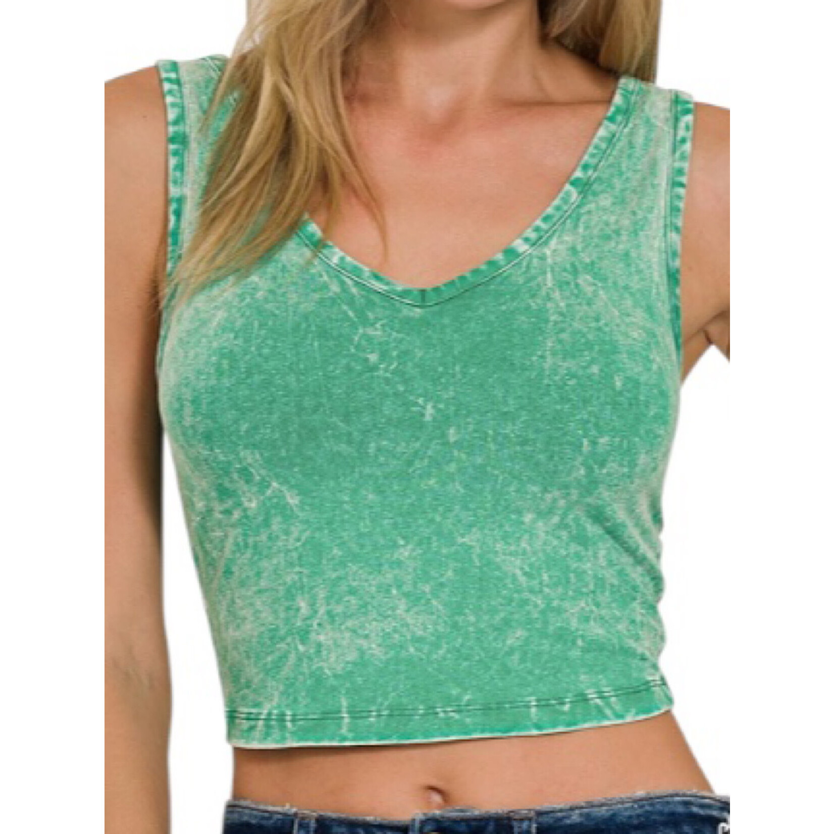 Kelly Green Washed Cotton V-Neck Sleeveless Top