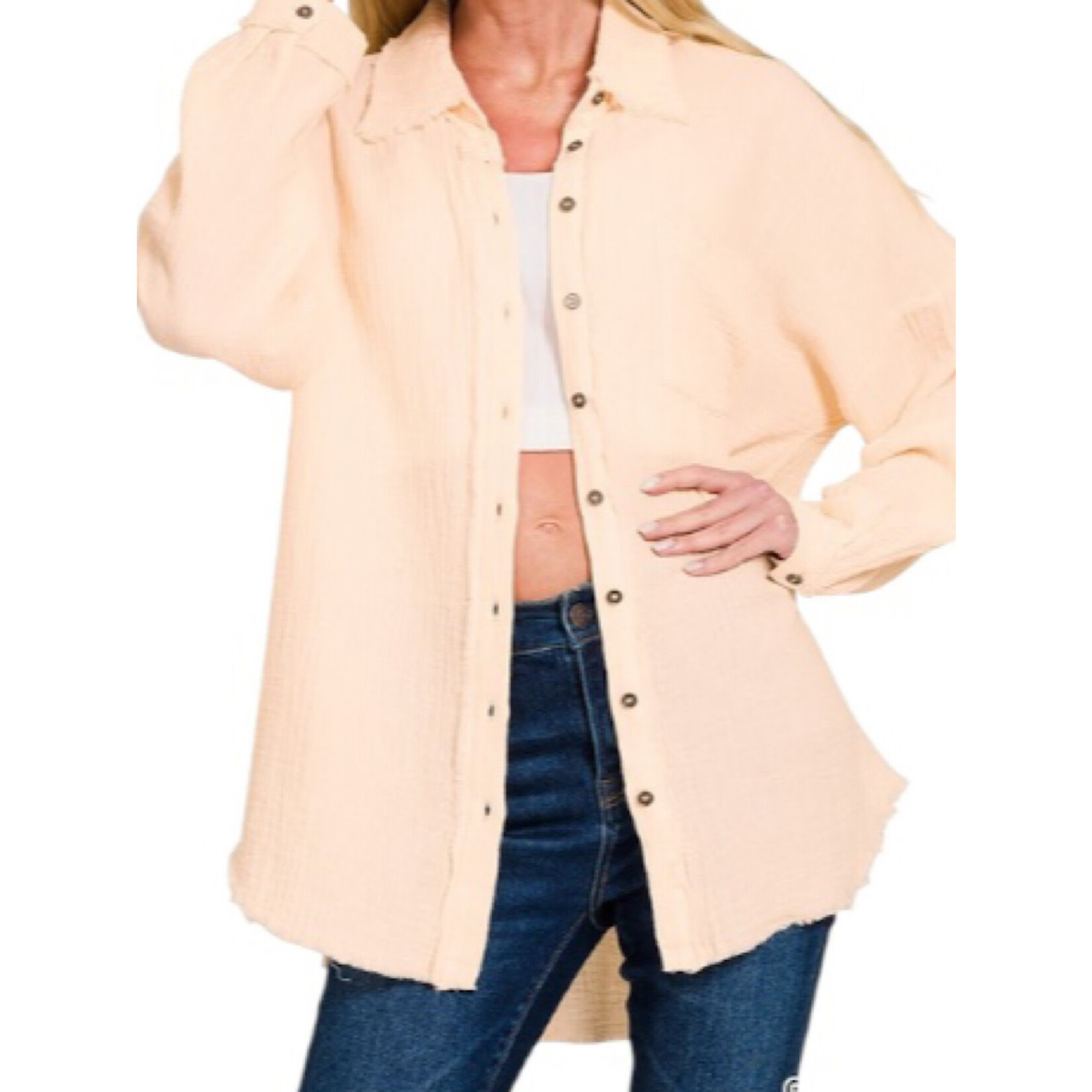 Cream Beige Double Gauze Oversized Raw Edge Shirt