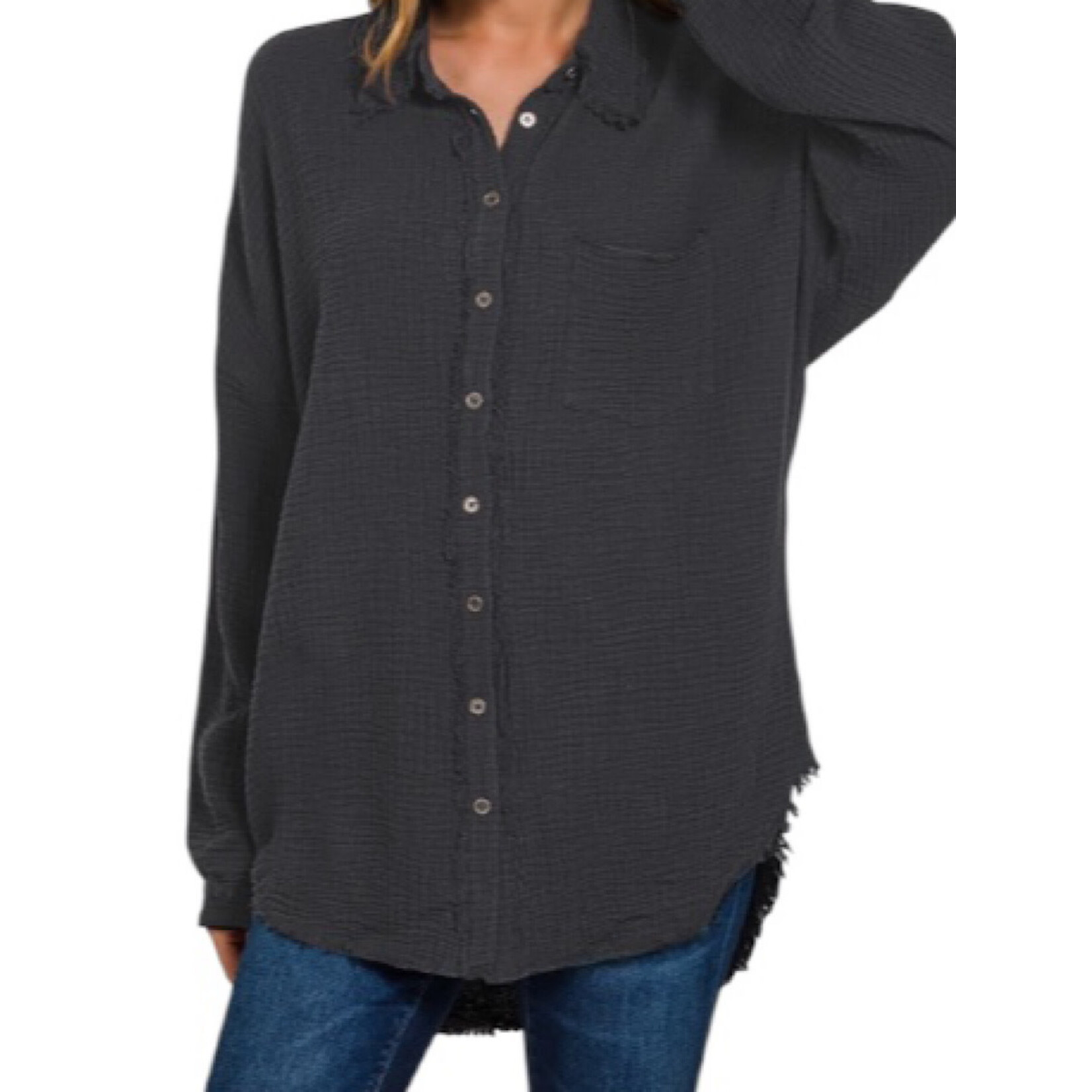 Black Double Gauze Oversized Raw Edge Shirt
