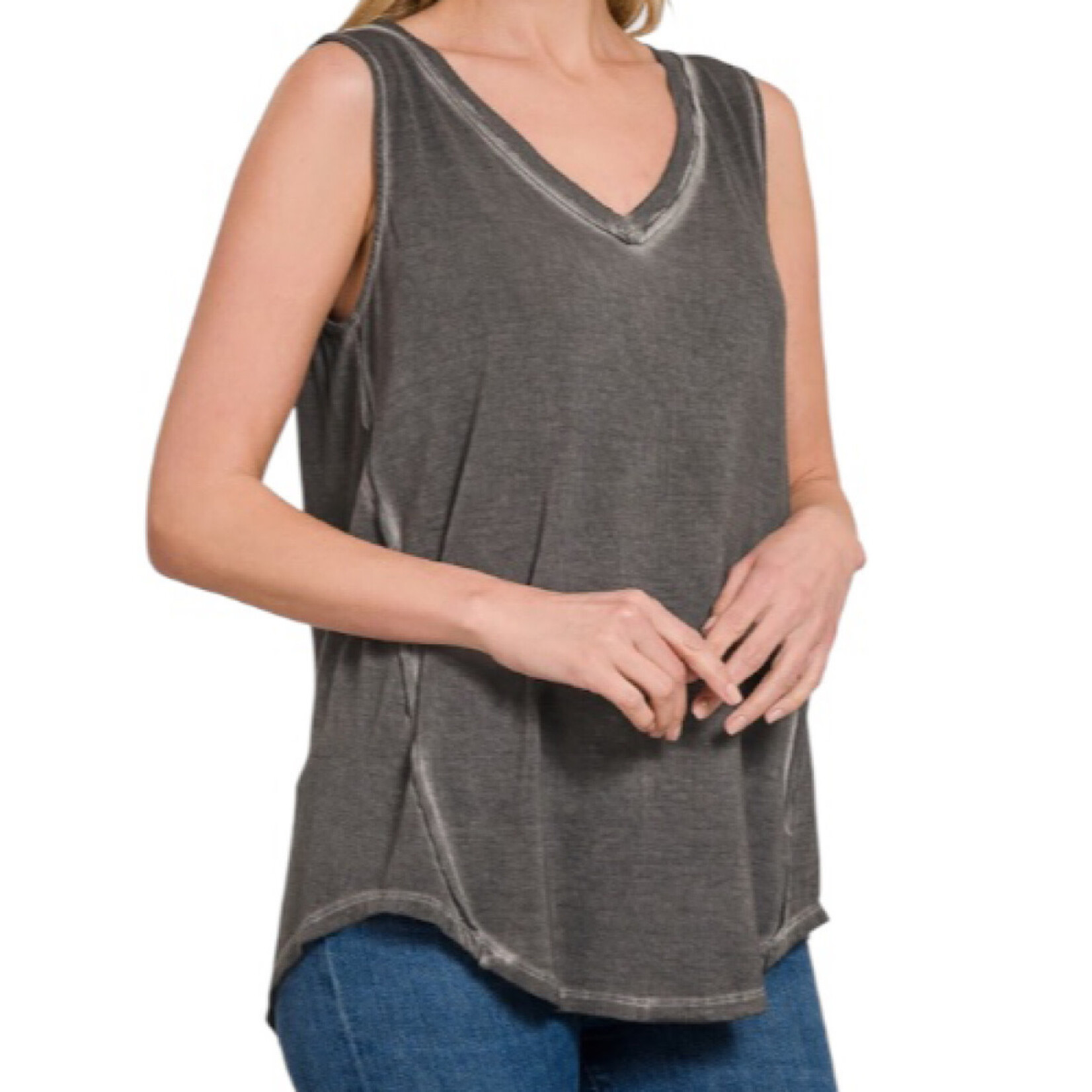 Ash Black Washed Sleeveless V-Neck Top with Hi-Low Hem