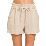 Sand Beige Washed Double Gauze Frayed Hem Shorts