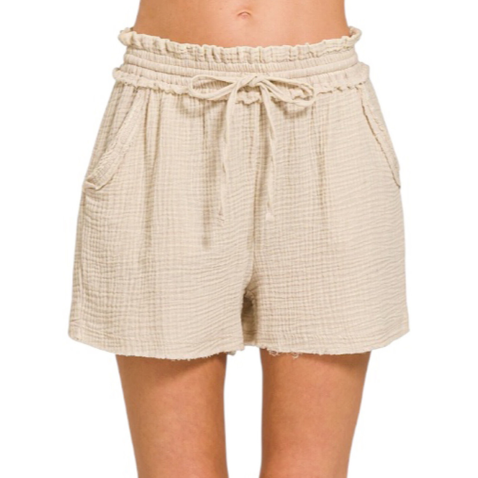 Sand Beige Washed Double Gauze Frayed Hem Shorts