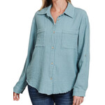 Blue Grey Double Gauze Button Down Roll Up Sleeve Shirt