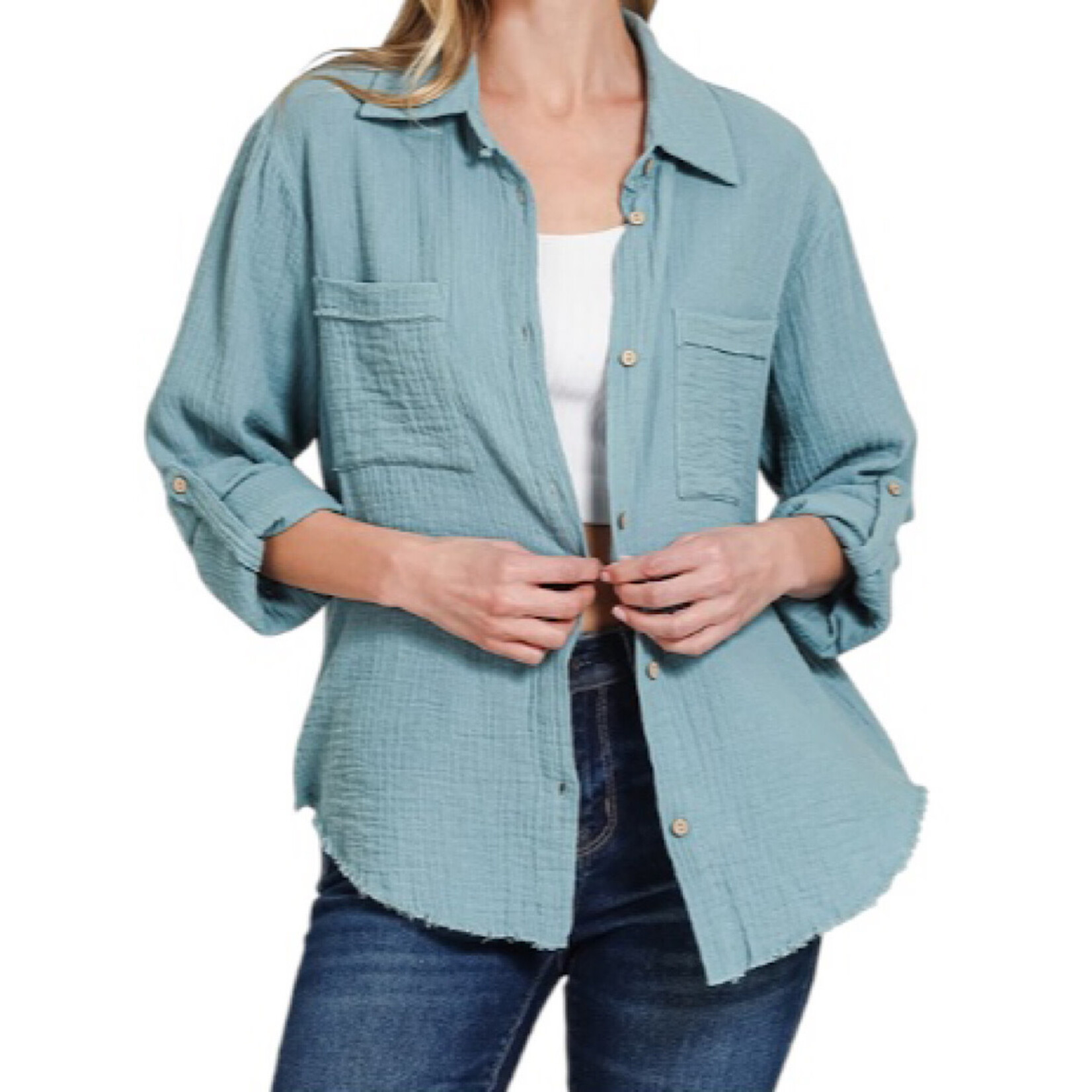 Blue Grey Double Gauze Button Down Roll Up Sleeve Shirt
