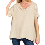Sand Beige Acid Washed Double Gauze V-Neck Tee