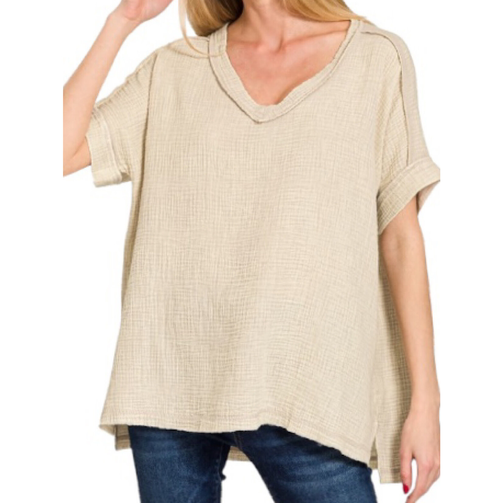 Sand Beige Acid Washed Double Gauze V-Neck Tee