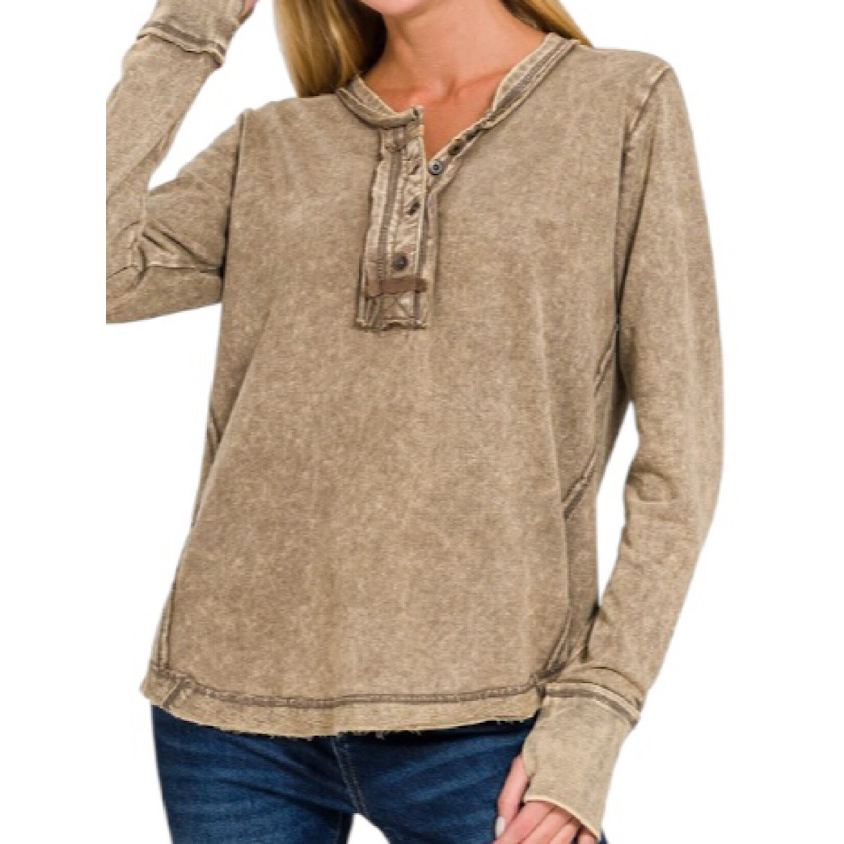 Mocha Washed Thumb Hole Long Sleeve Top