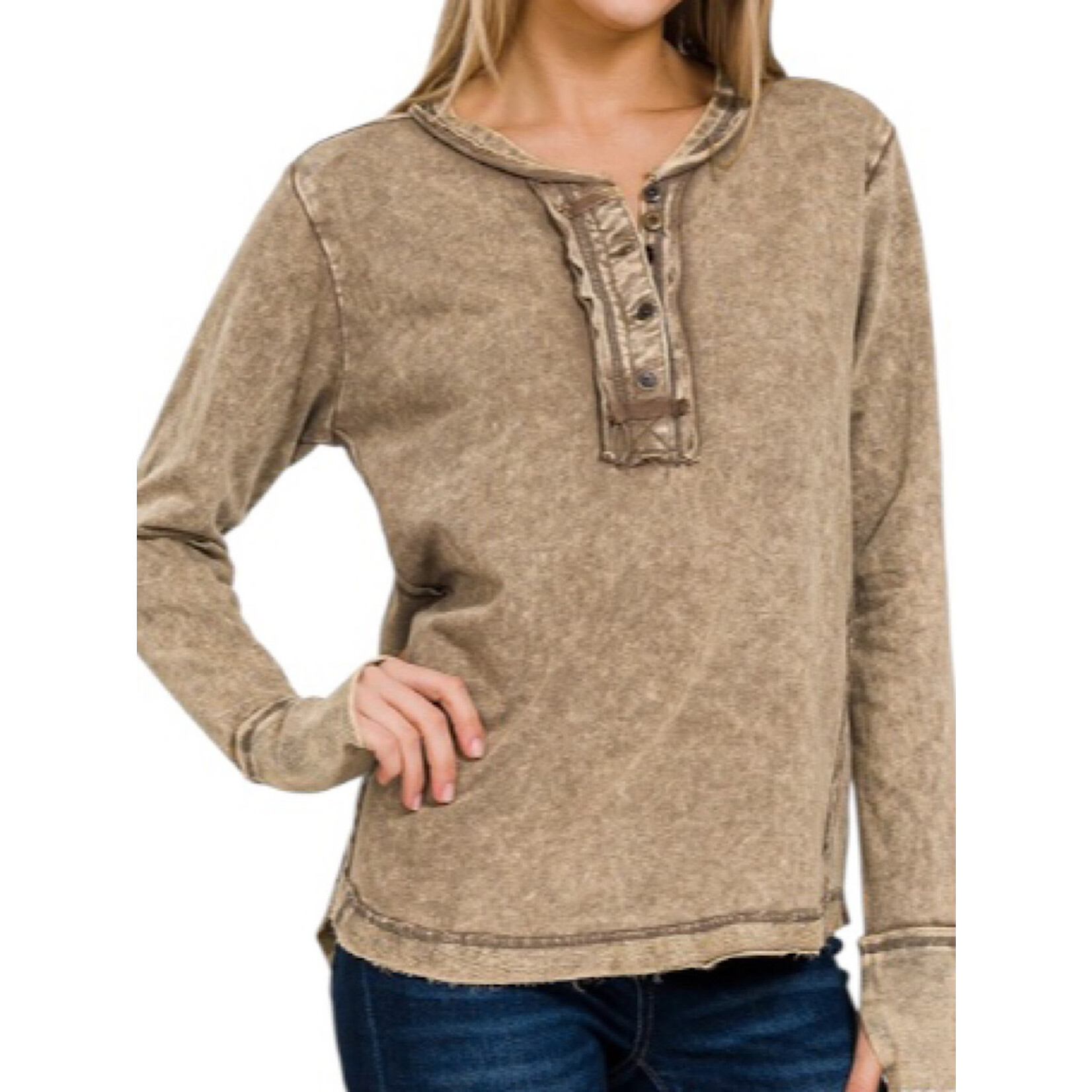 Mocha Washed Thumb Hole Long Sleeve Top